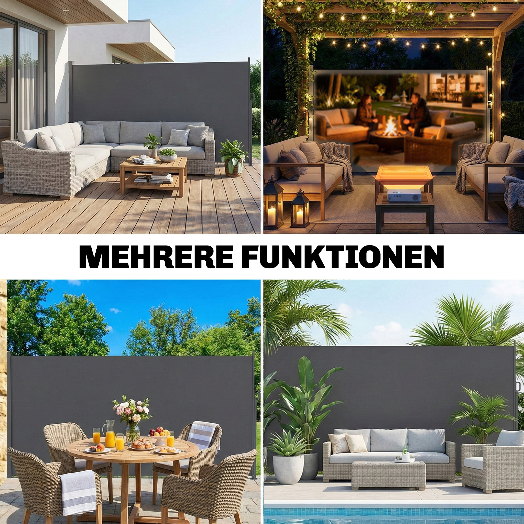 Ausziehbare Seitenmarkise, Sichtschutz für Außenbereiche, Wasserabweisend, UV 50+, 420 x 185 cm, Dunkelgrau