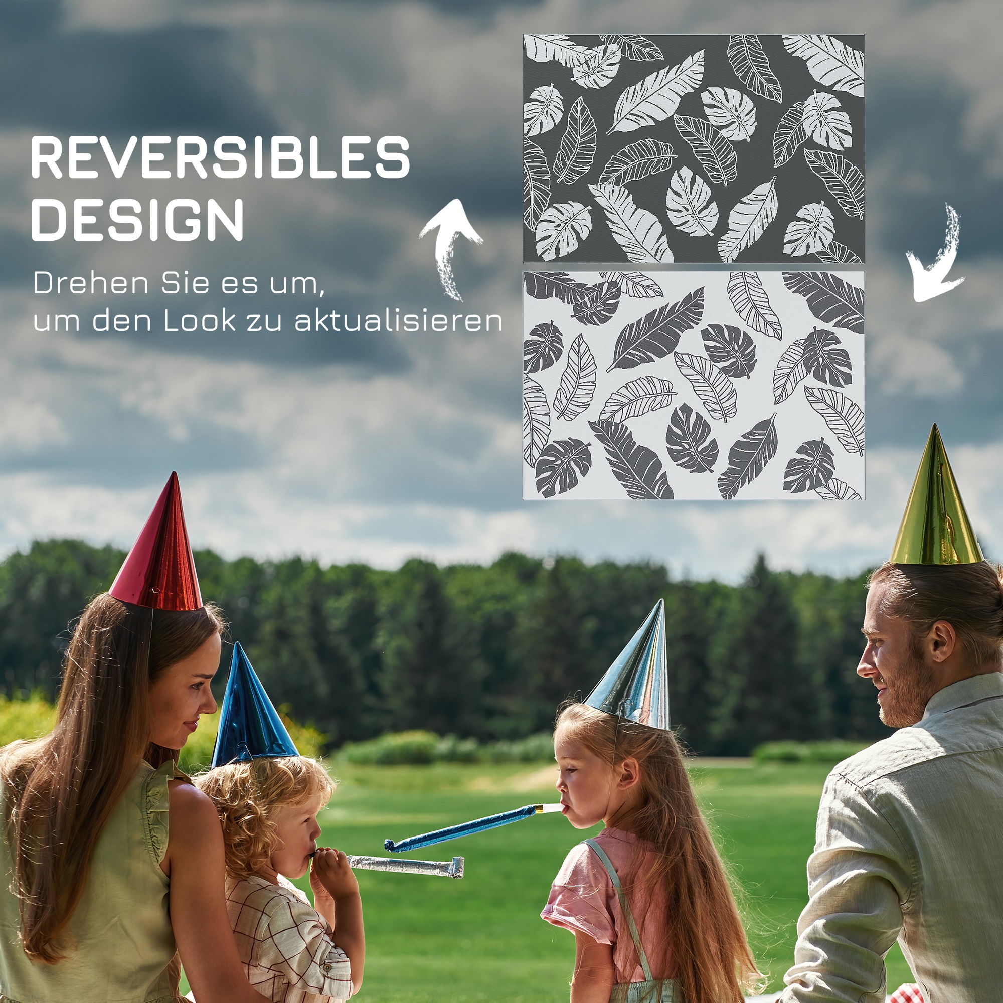 Outdoor Wendeteppich, wasserfest, Blattmuster, 182x274cm, Grau/Weiß