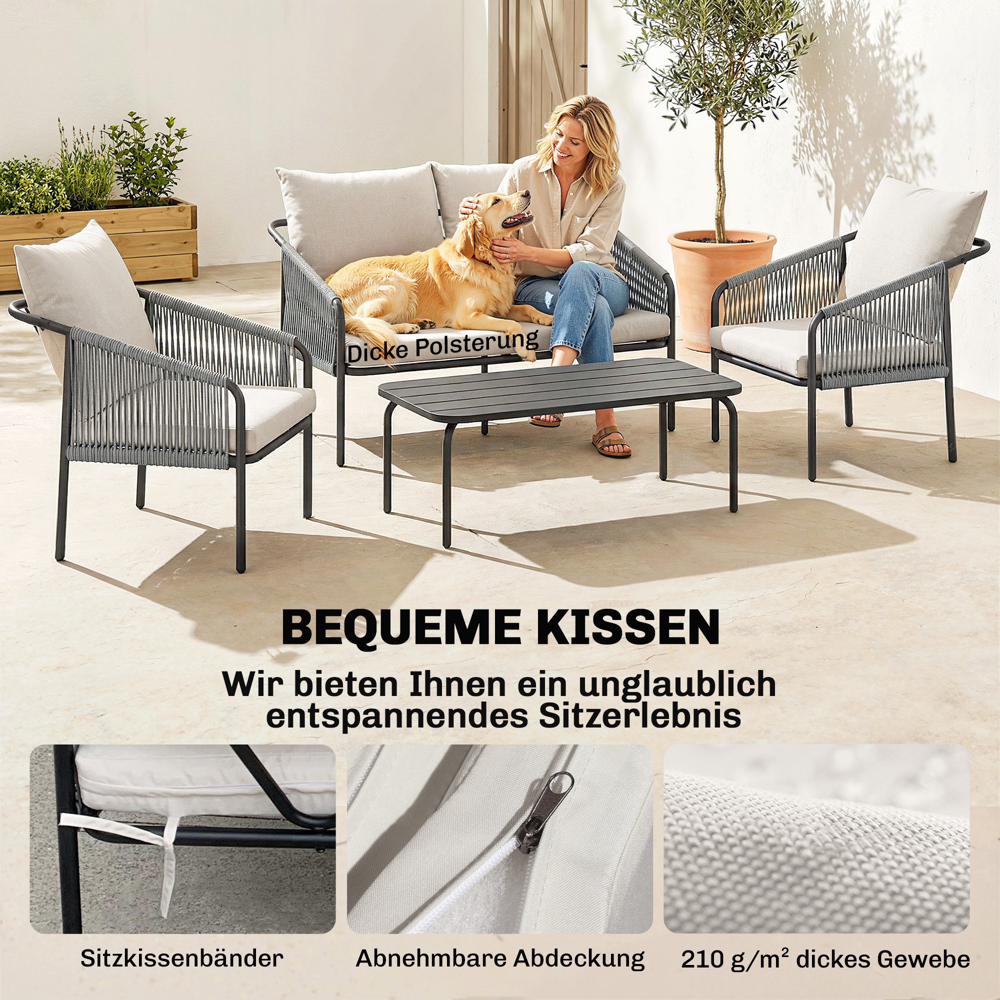 Gartenmöbel Set 4-teilig Polyrattan Lounge-Set mit Zweisitzer 2 Sessel Couchtisch abnehmbar Kissen Bindebändern