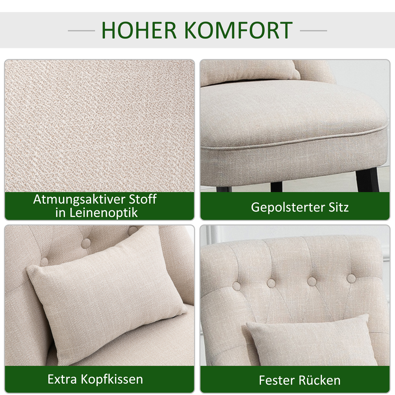 Weicher Polstersessel mit Rückenkissen, zum Lesen und Ausruhen, Stoffbezug in Leinenoptik, 52,5 x 69 x 77 cm, Cremeweiß