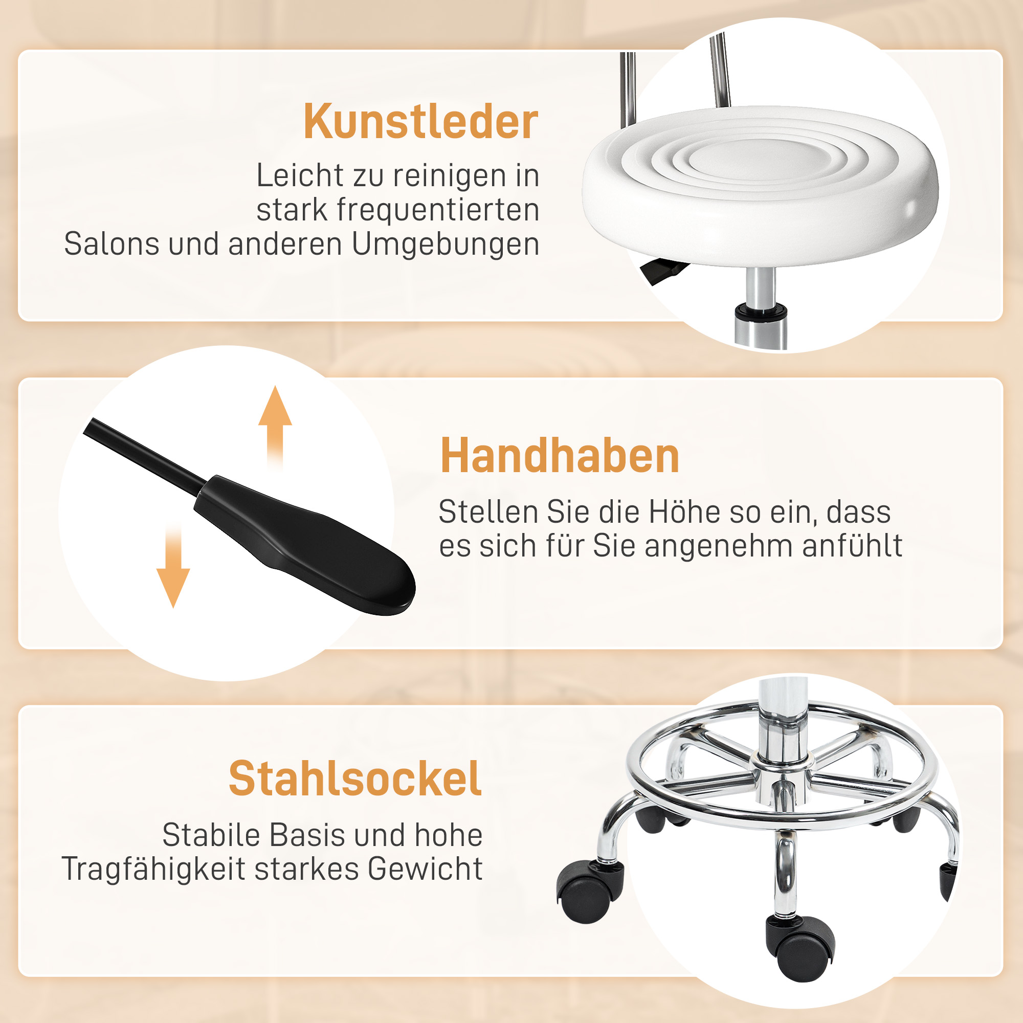 Rollhocker, Drehbarer und verstellbarer Hocker mit Rückenlehne, Kunstlederbezug, Fußstütze, für Frisiertische, Weiß