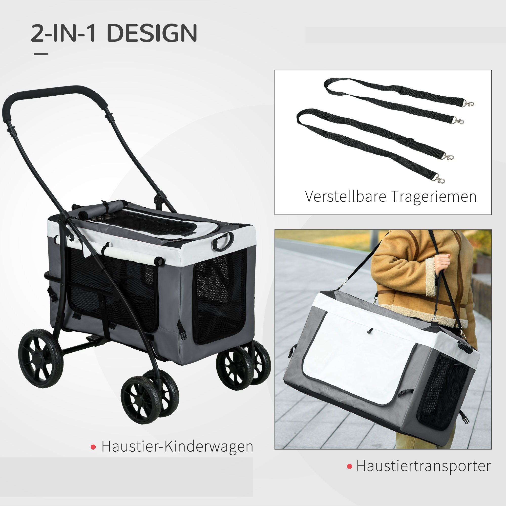 Hundbuggy Haustierbuggy bis 10kg klappbar abnehmbarer Korb 81 x 58 x 97,5 cm Schwarz + Grau + Weiß