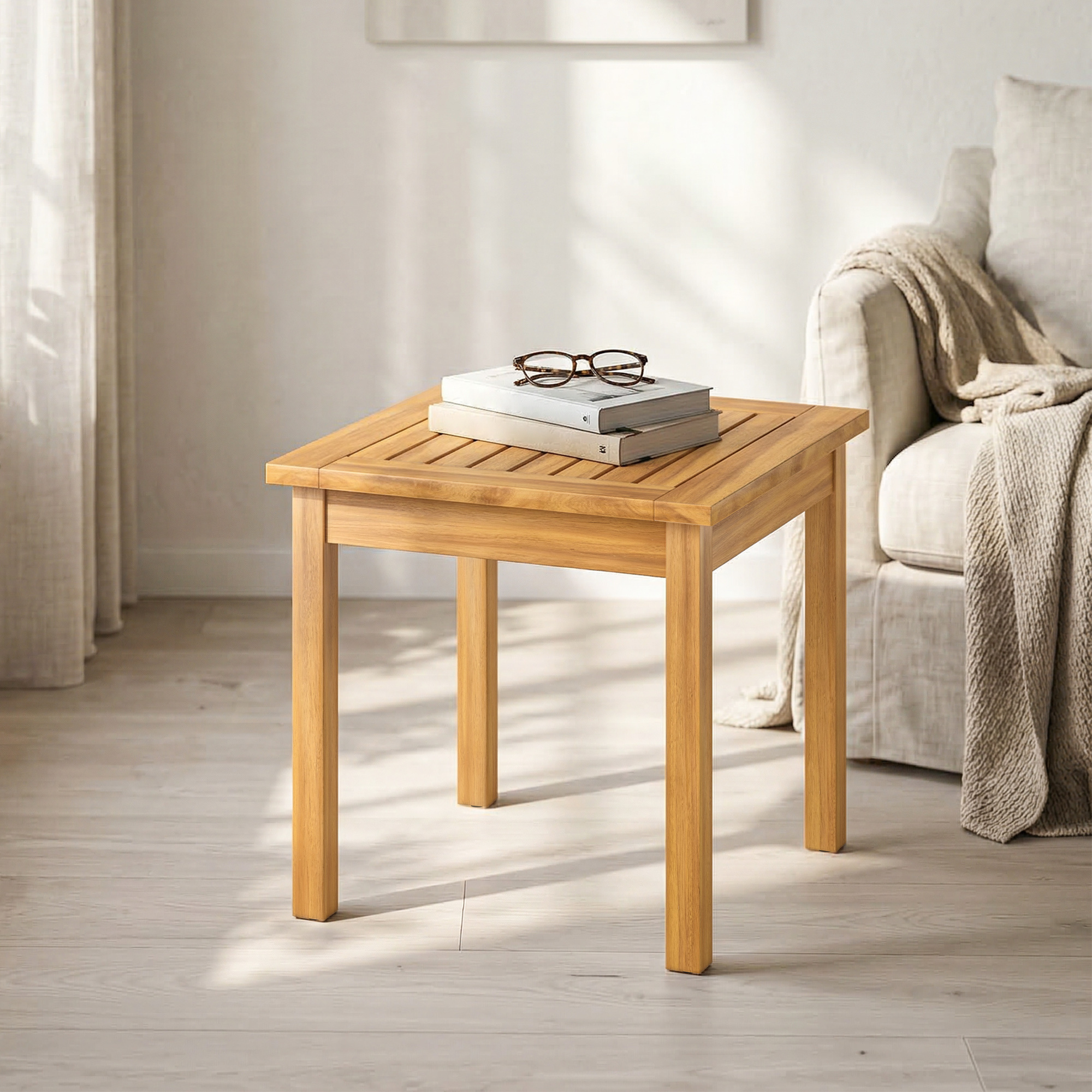 Beistelltisch 48 x 48 cm wetterfest Gartentisch mit Lamellendesign verstellbaren Füßen, quadratisch