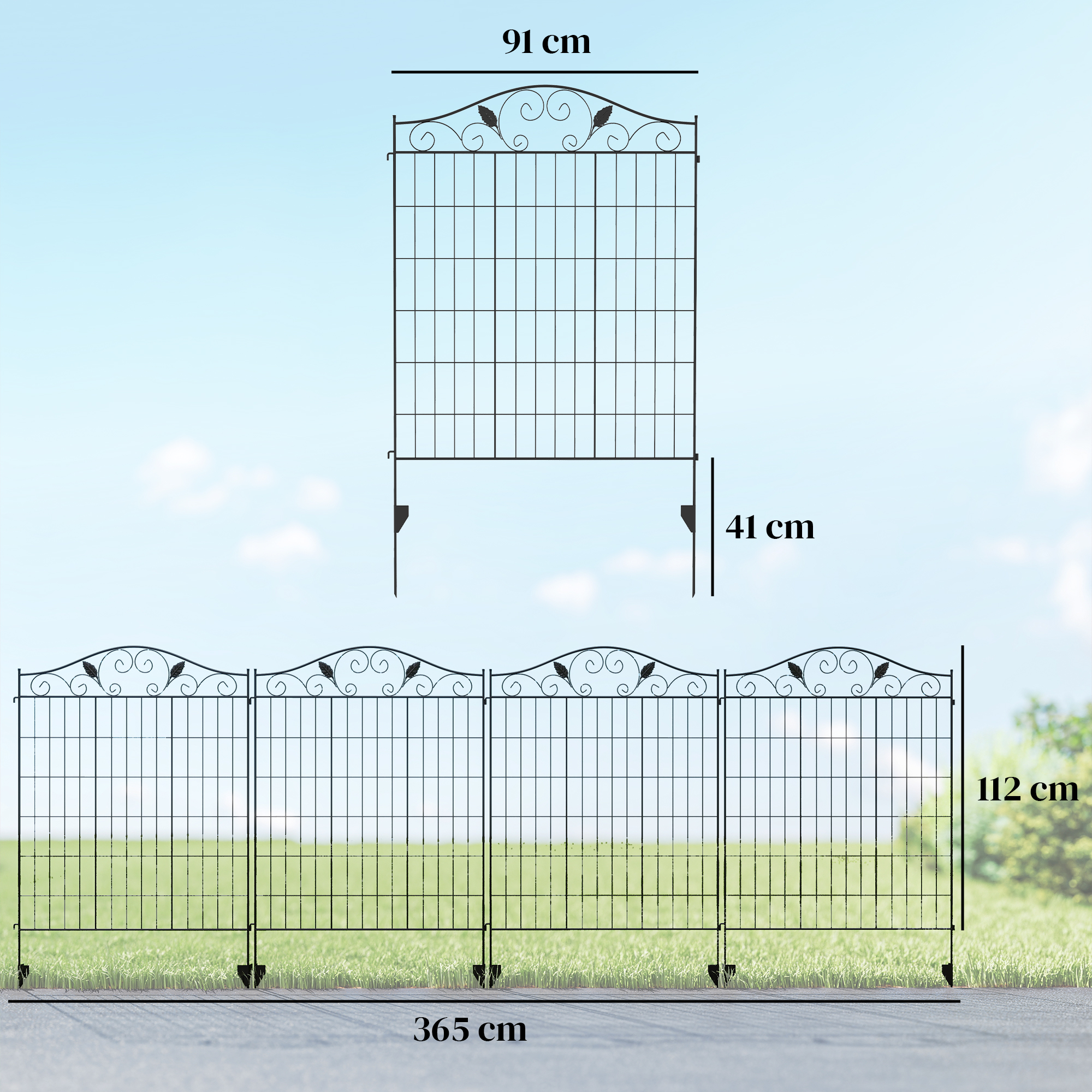 Gartenzaun Gitterzaun Zaun, Vintage-Design, wetterbeständig, 365 cm x 0.8 cm x 112 cm, Schwarz