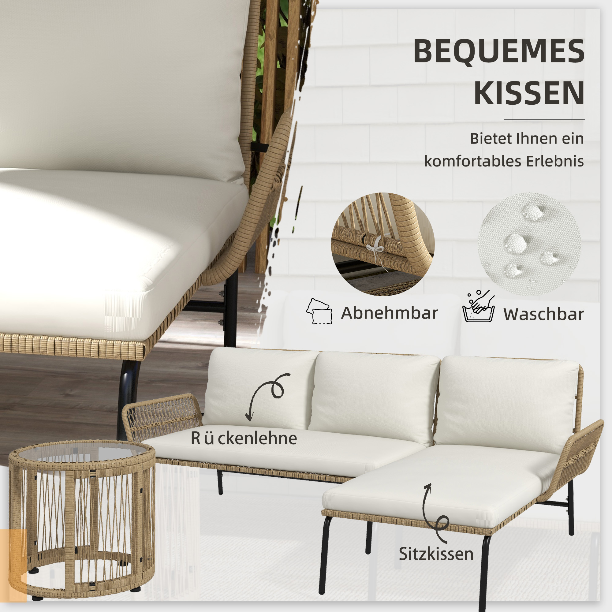 Gartensitzgrupp Loungemöbel-Set, PE Rattan, 122 x 79 x 75 cm, Natur + Cremweiß