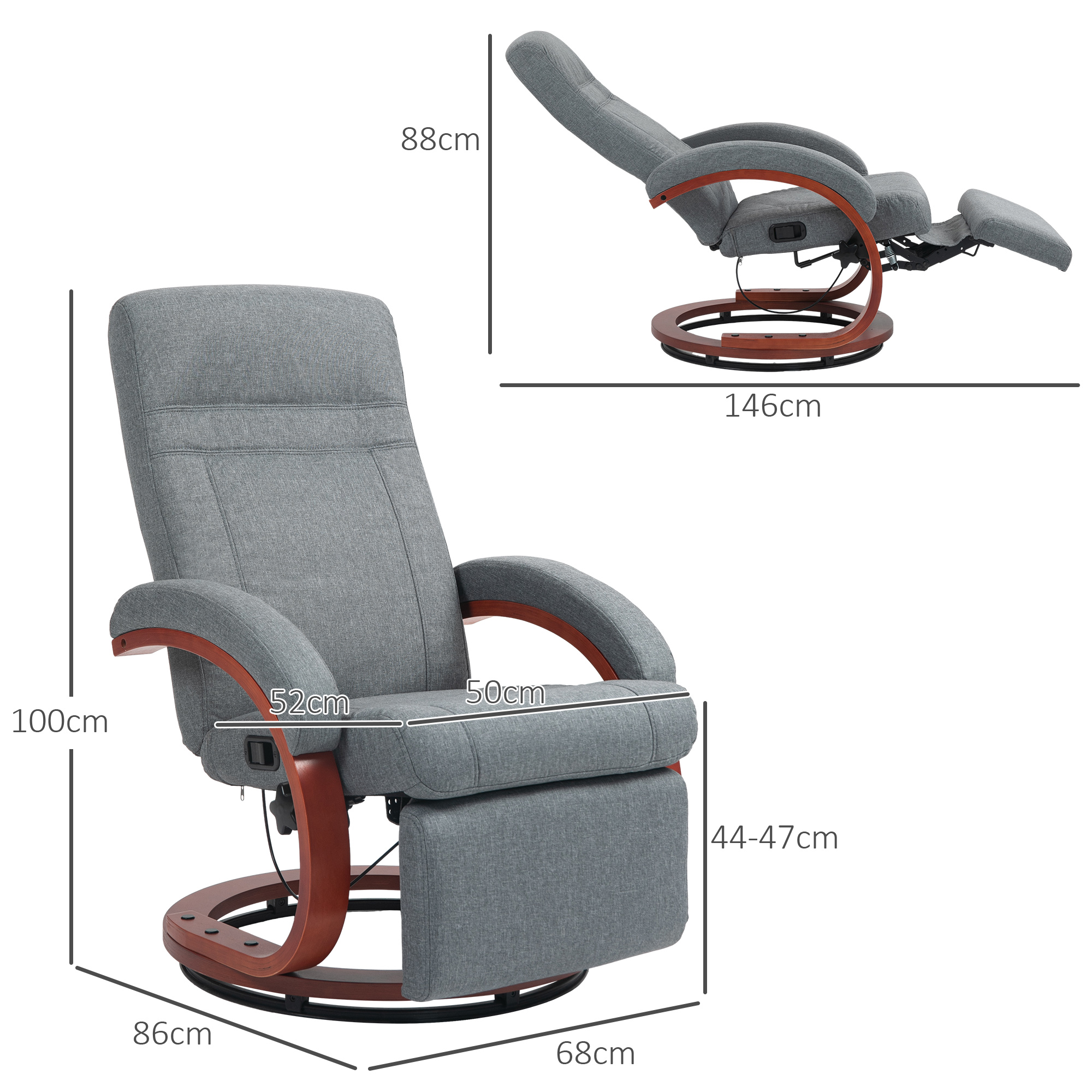 Relaxsessel mit klappbarer Fußstütze, drehbar, neigbare Lehne, Leinenoptik, bis 140 kg, Grau