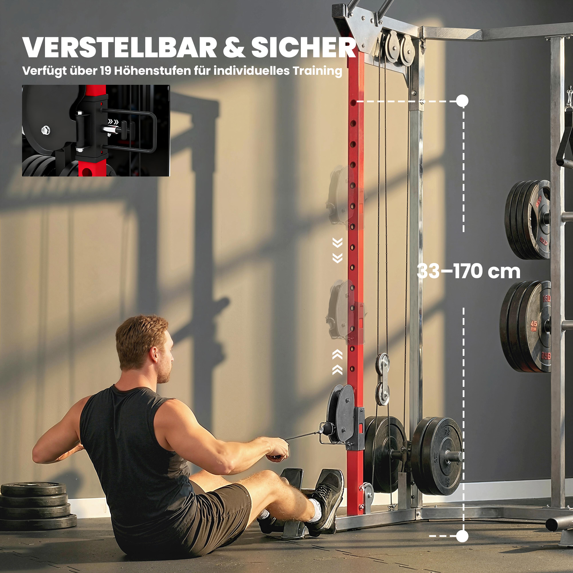 Power Cage Smith Machine, Power Rack mit verstellbarem Kabelzugsystem, multifunktional bis 300kg