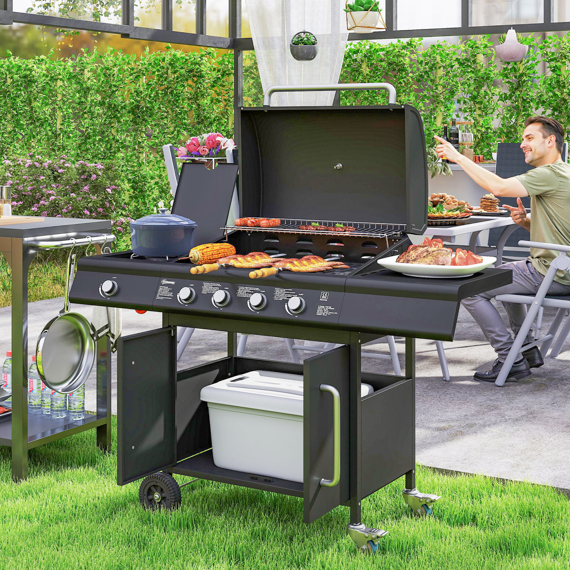 Gasgrill 15,2 KW Grillwagen inkl 5 Edelstahl-Brenner Rolle Seitenkocher 129,5 x 56 x 110 cm Schwarz