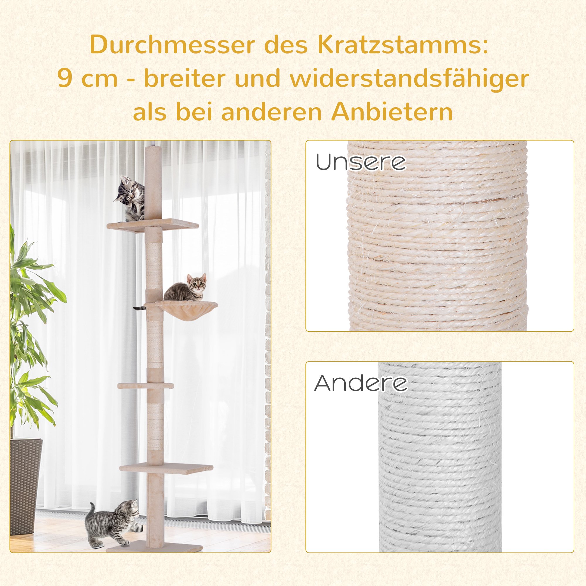 Kratzbaum Deckenhoch höhenverstellbar, stabiler Katzenbaum mit Sisalsäulen, Katzen Kletterbaum, Beige, 40 x 34 x 230-260 cm