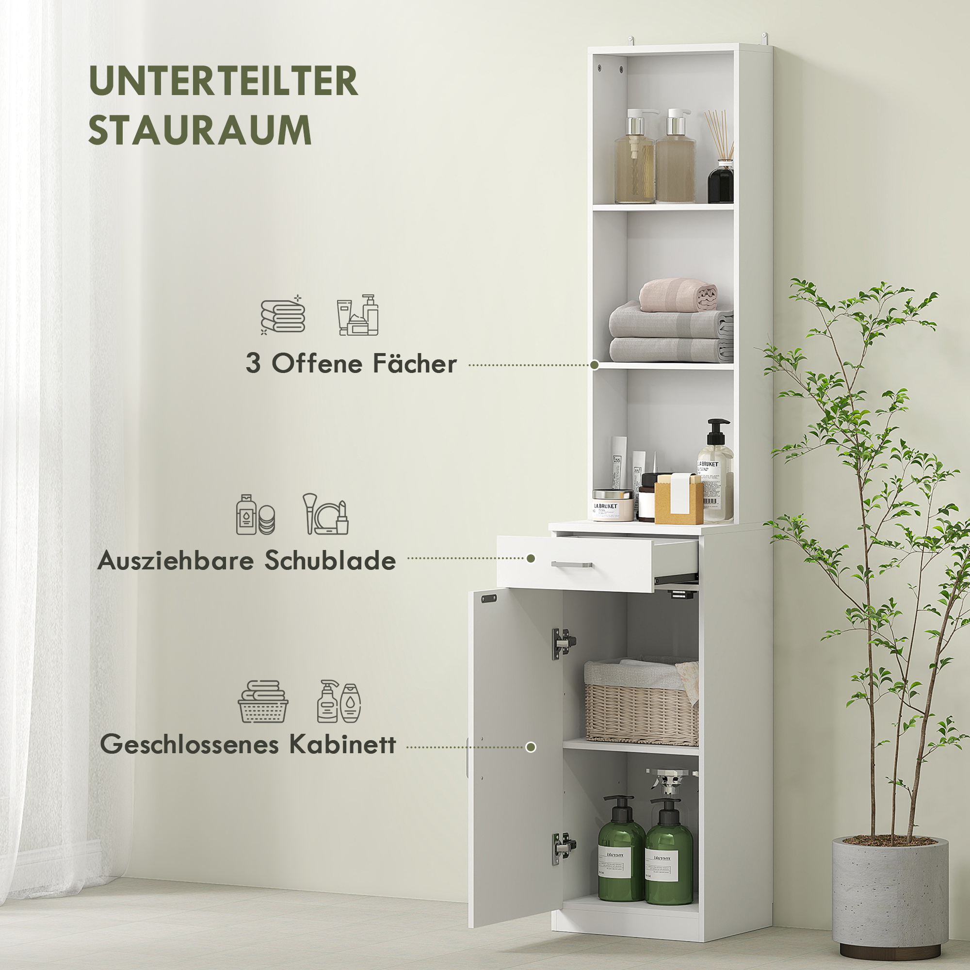 Hoher Badezimmerschrank, schmales Design, Schublade, Regale, Schrank, Spanplatte, Weiß