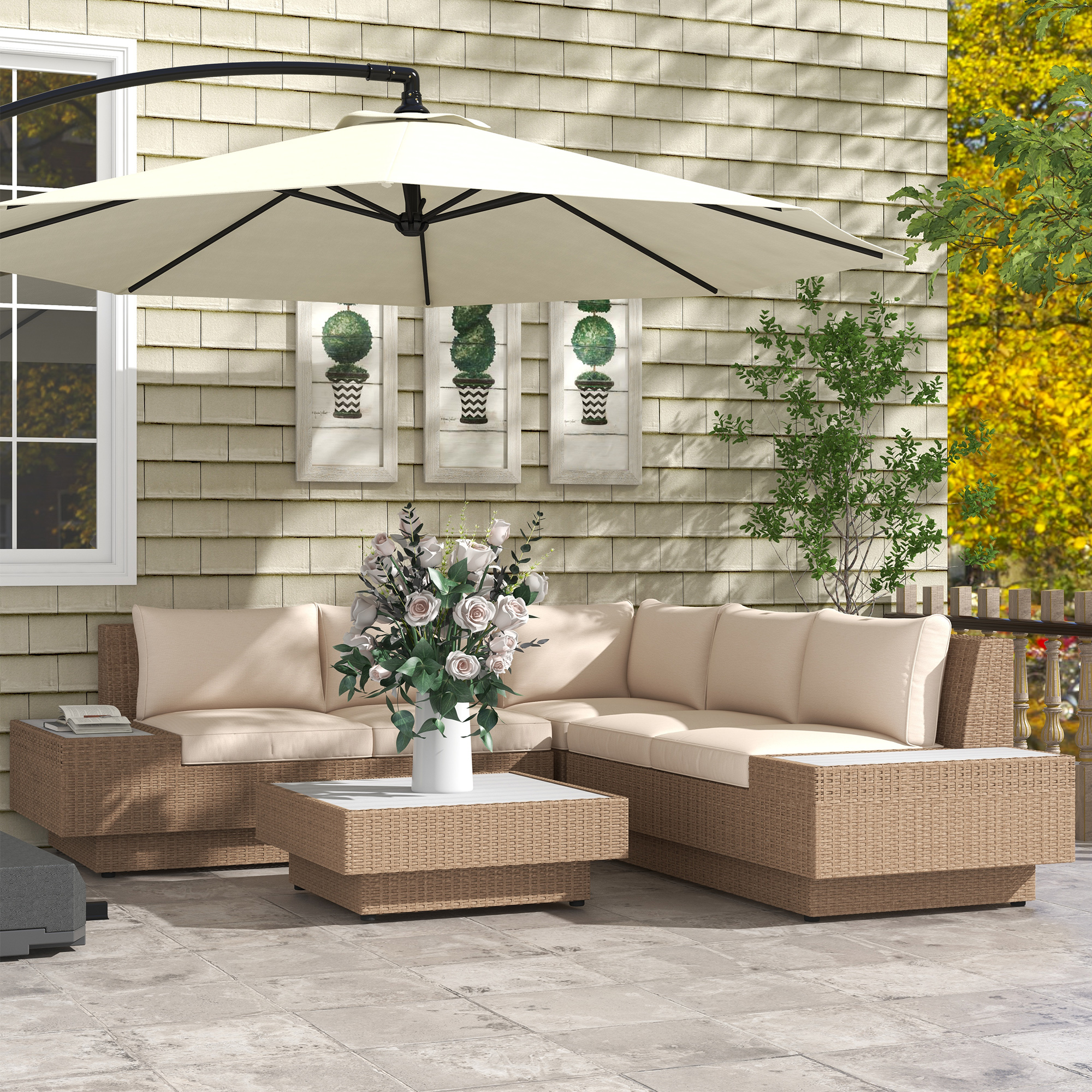 4-tlg. Luxus Polyrattan Gartengarnitur Gartenmöbel Garten-Set Sitzgruppe Loungeset Loungemöbel inkl. Ablagen und Beistelltisch Sitzkissen Braun
