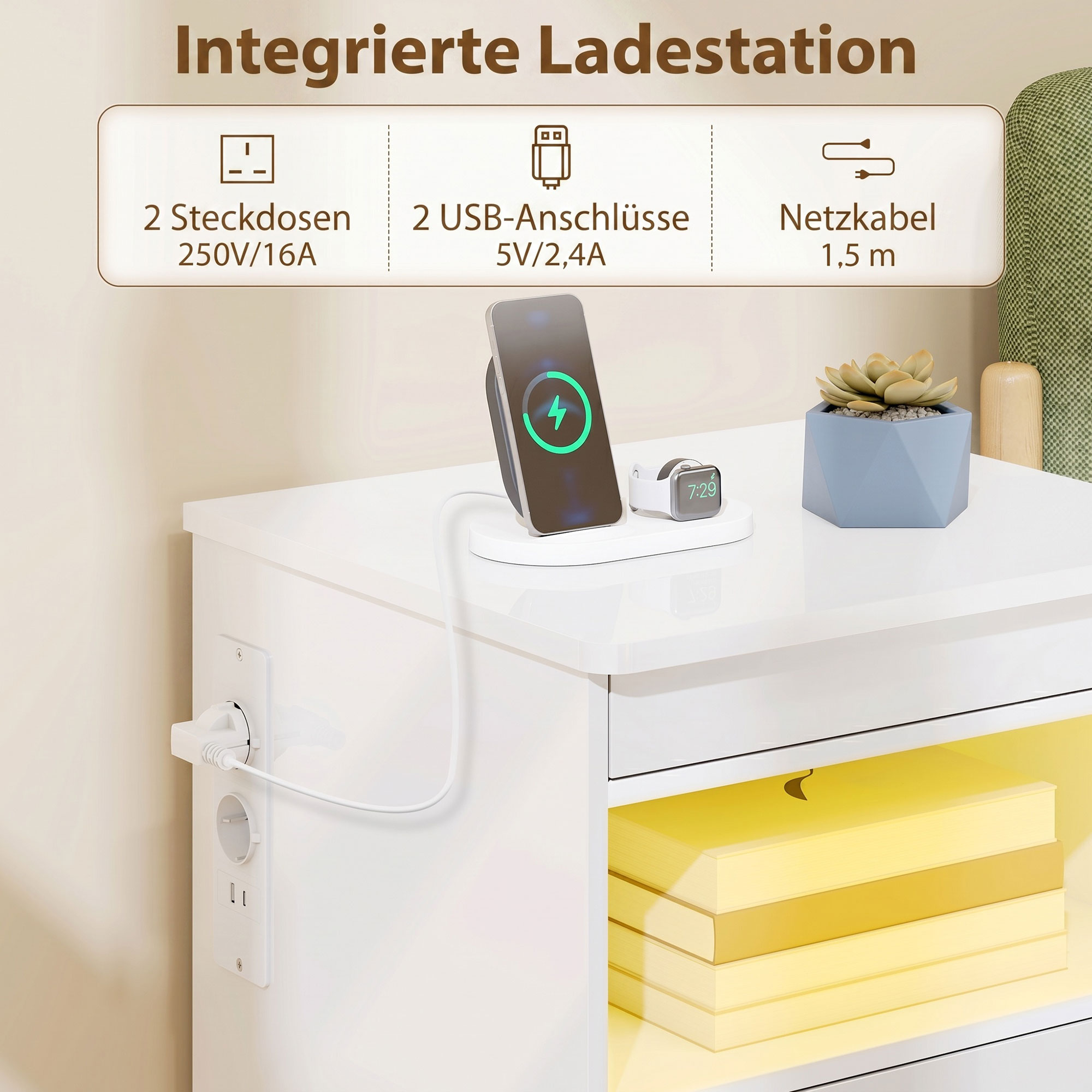 Nachttisch, Beistelltisch mit Ladestation und RGB-LED-Beleuchtung, Hochglanz Weiß