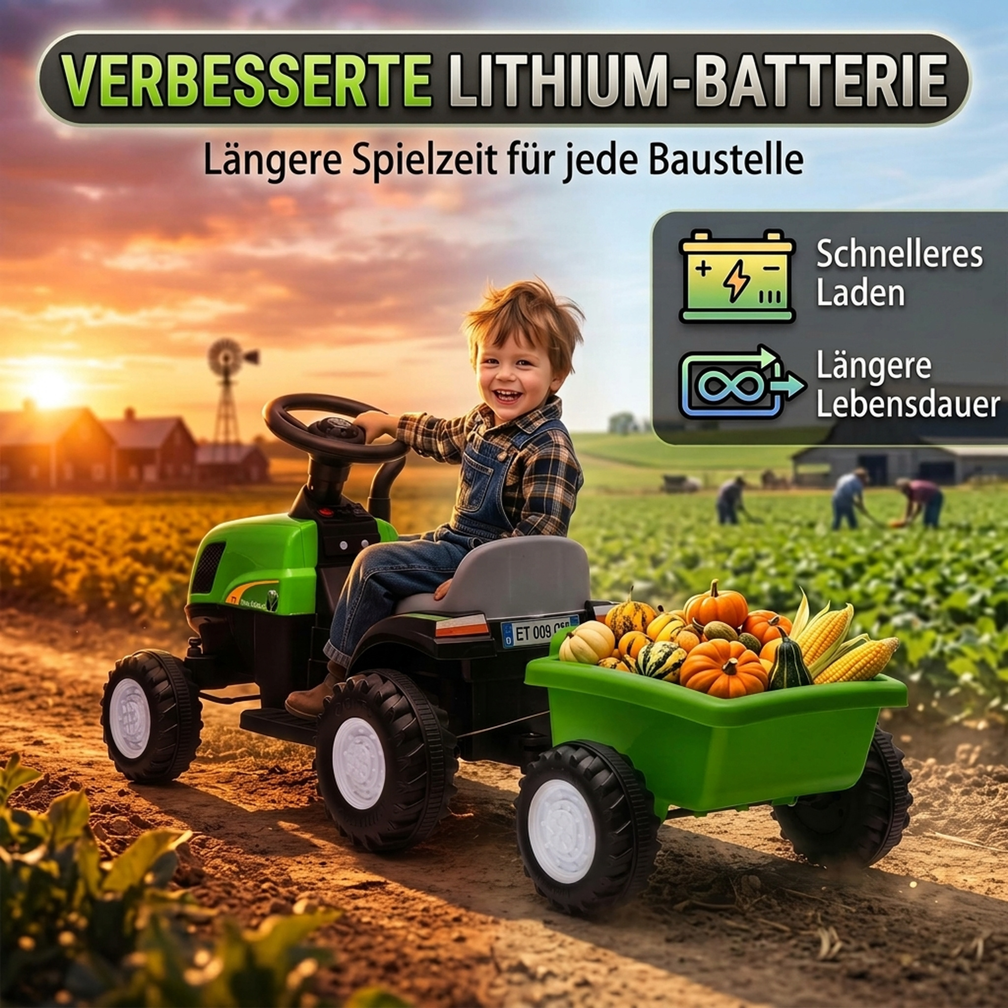 Kinder Traktor mit abnehmbar Anhänger Aufsitztraktor mit Lithium-Akku Fußpedal, Musik, Hupe Licht, Grün
