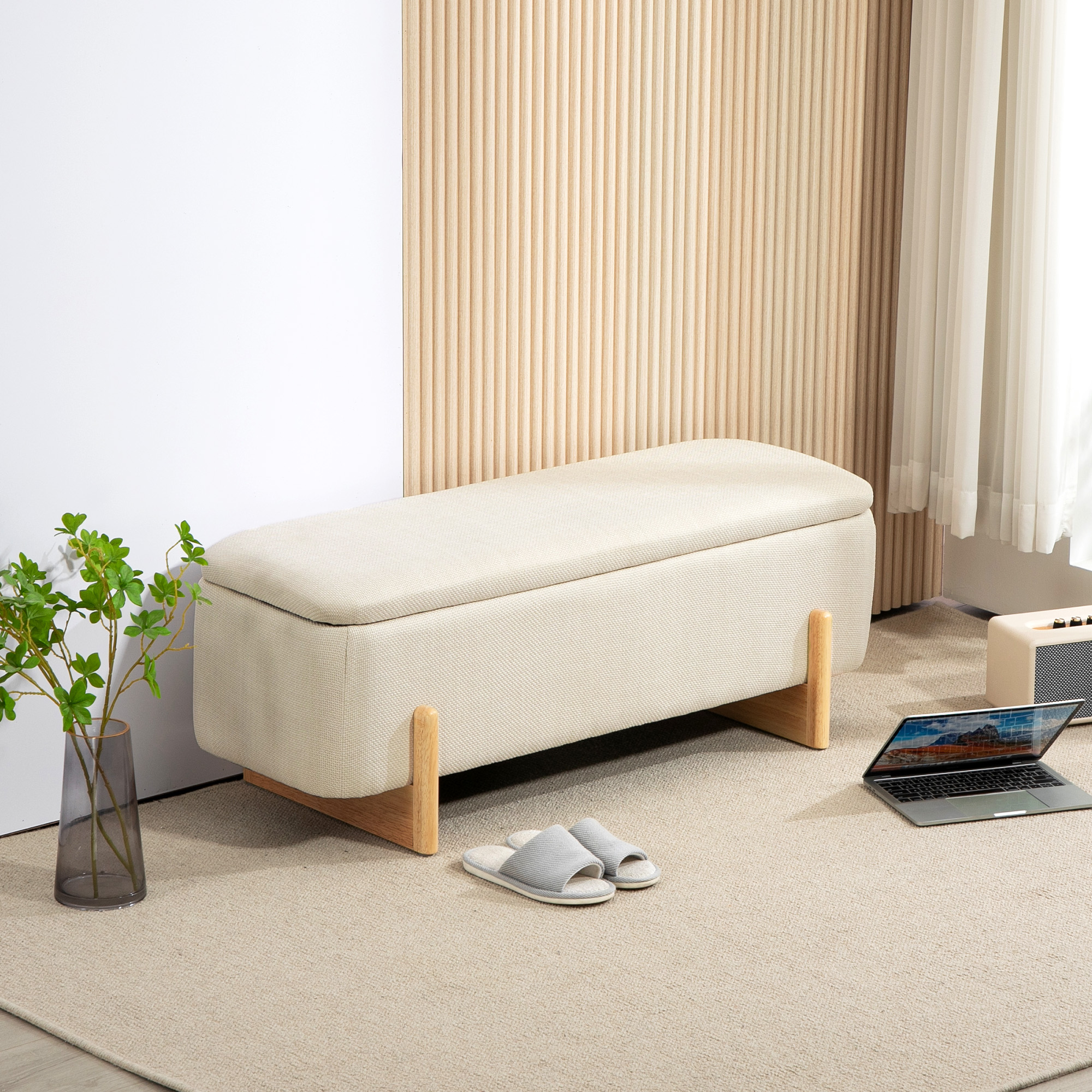 Hocker mit Stauraum, Sitzbank mit Schaumstoffpolsterung, Leinenimitat, 111 x 44 x 44,5 cm, Cremeweiß
