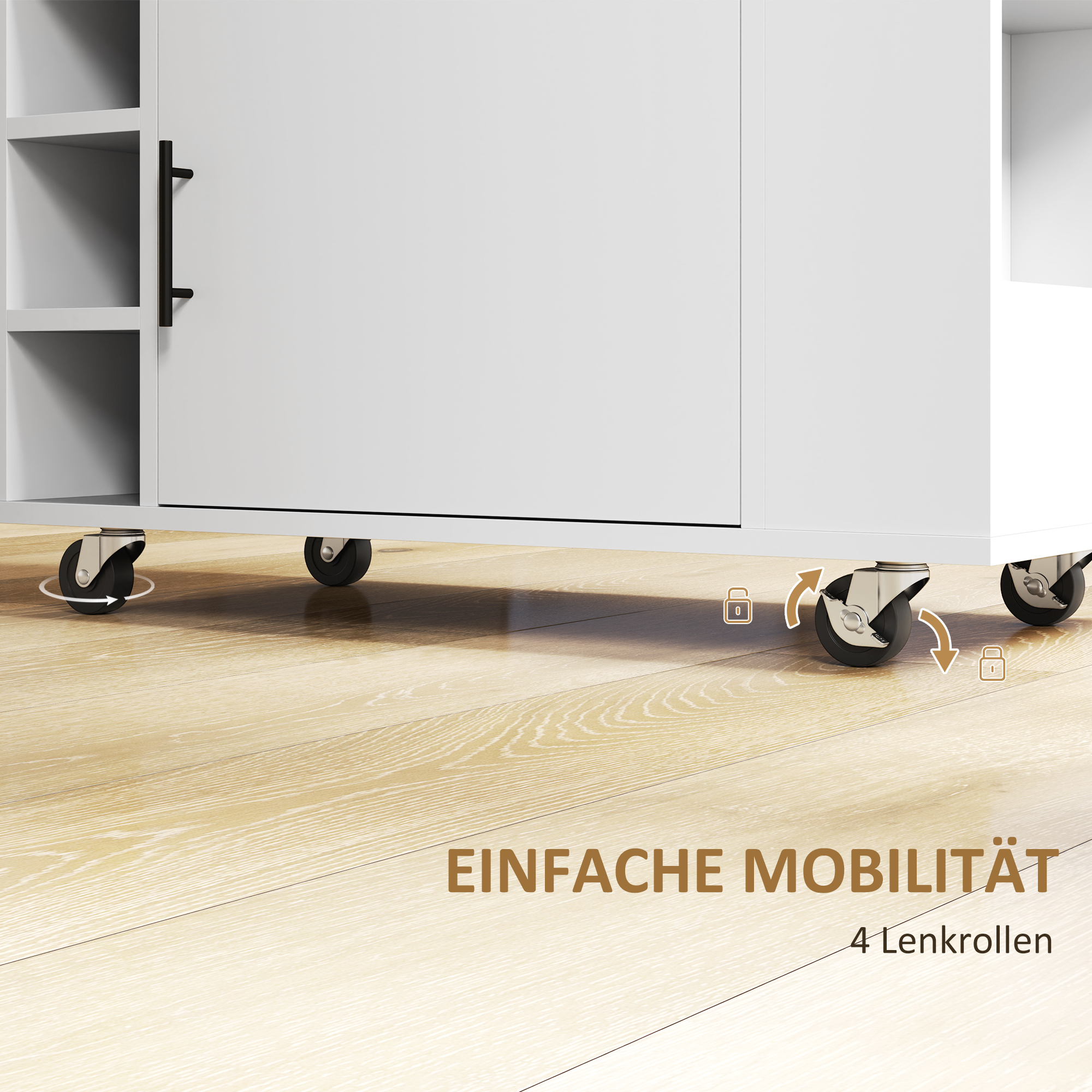Küchenwagen, Rollbare Kücheninsel, Küchen-Trolley mit Fächern, Weinregalen, Schrank und Arbeitsfläche, Weiß