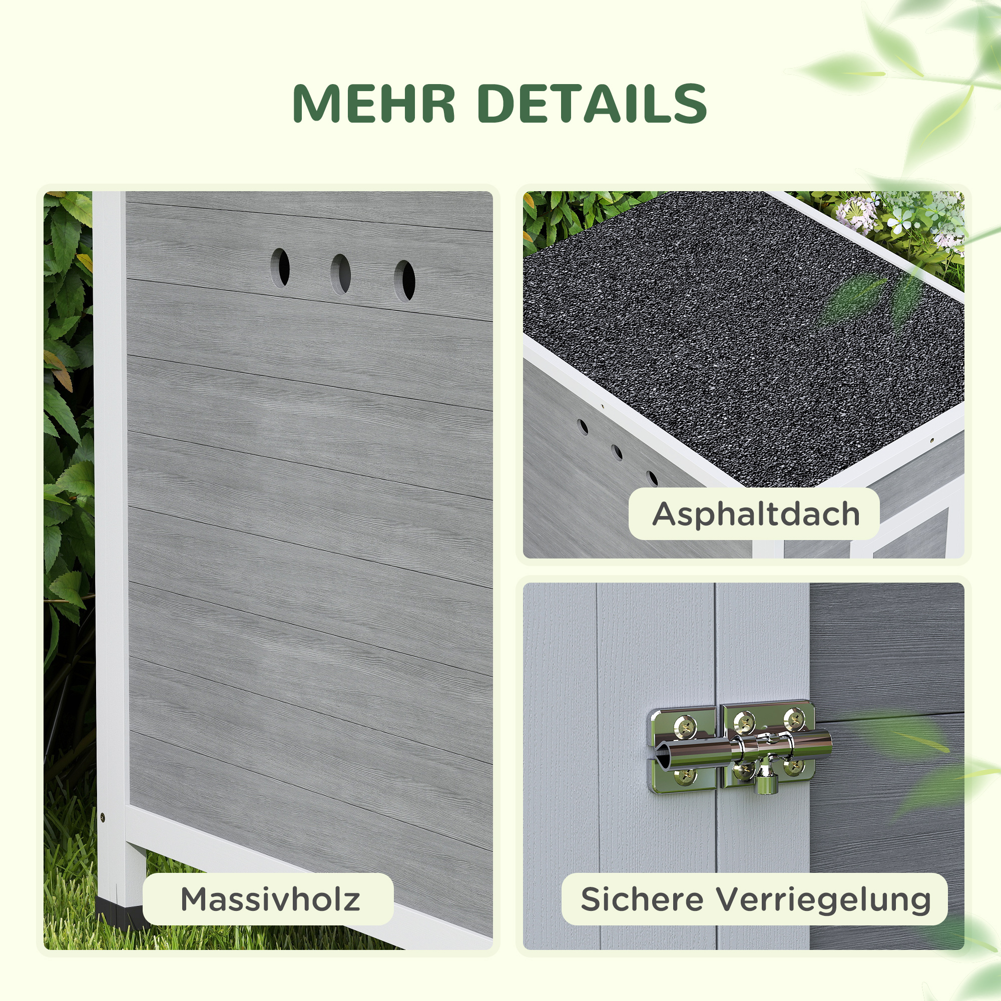 Entenstall Entenhaus aus Holz mit Asphaltdach, herausnehmbarem Boden, Seitentür, Geflügelstall mit Belüftungslöchern, wetterfest Gänsestall Hühnerhaus Hellgrau 63 x 82 x 76 cm