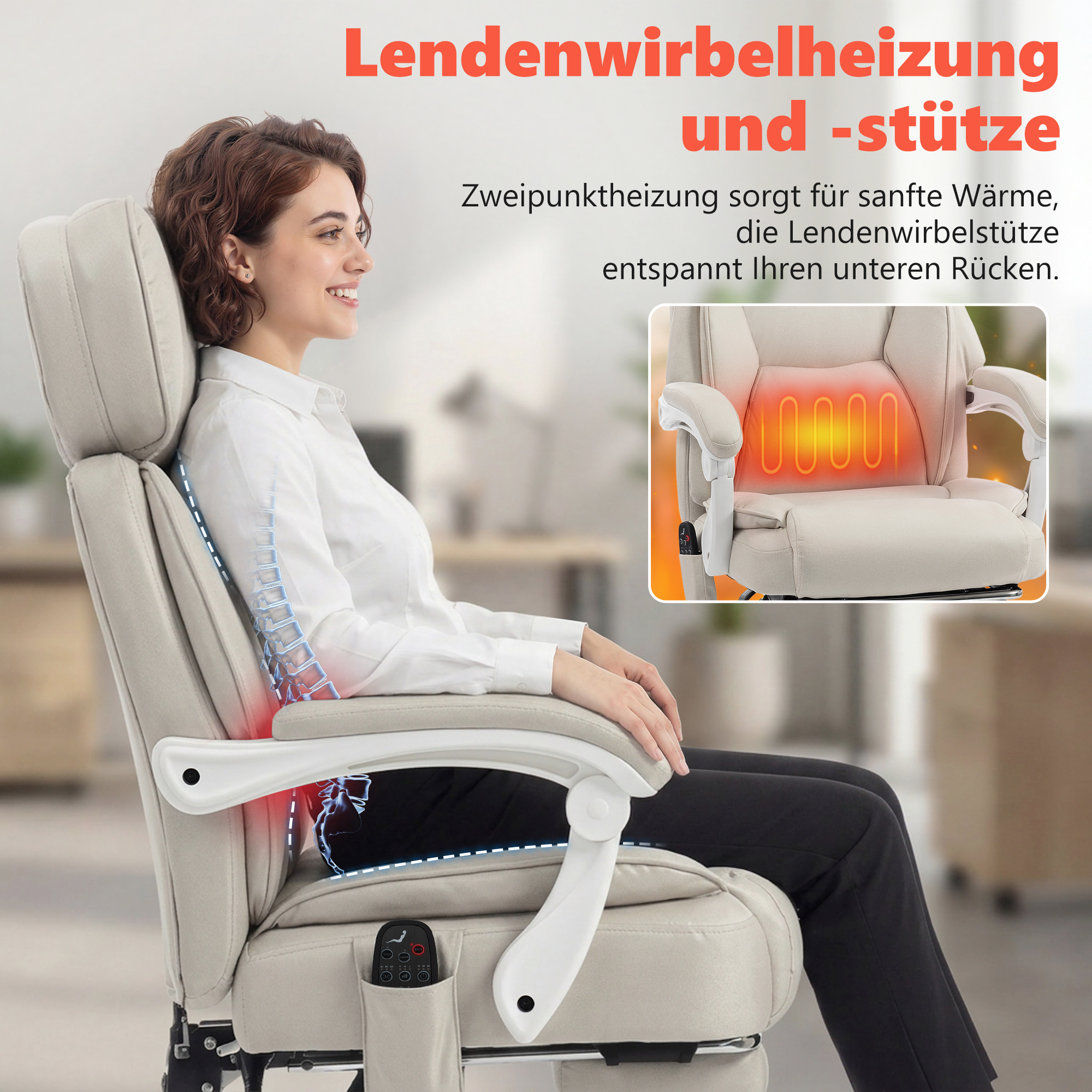 Hochlehner-Bürostuhl mit Vibrationsmassage und Heizung, ergonomisch, neigbar, mit Fußstütze, Cremeweiß