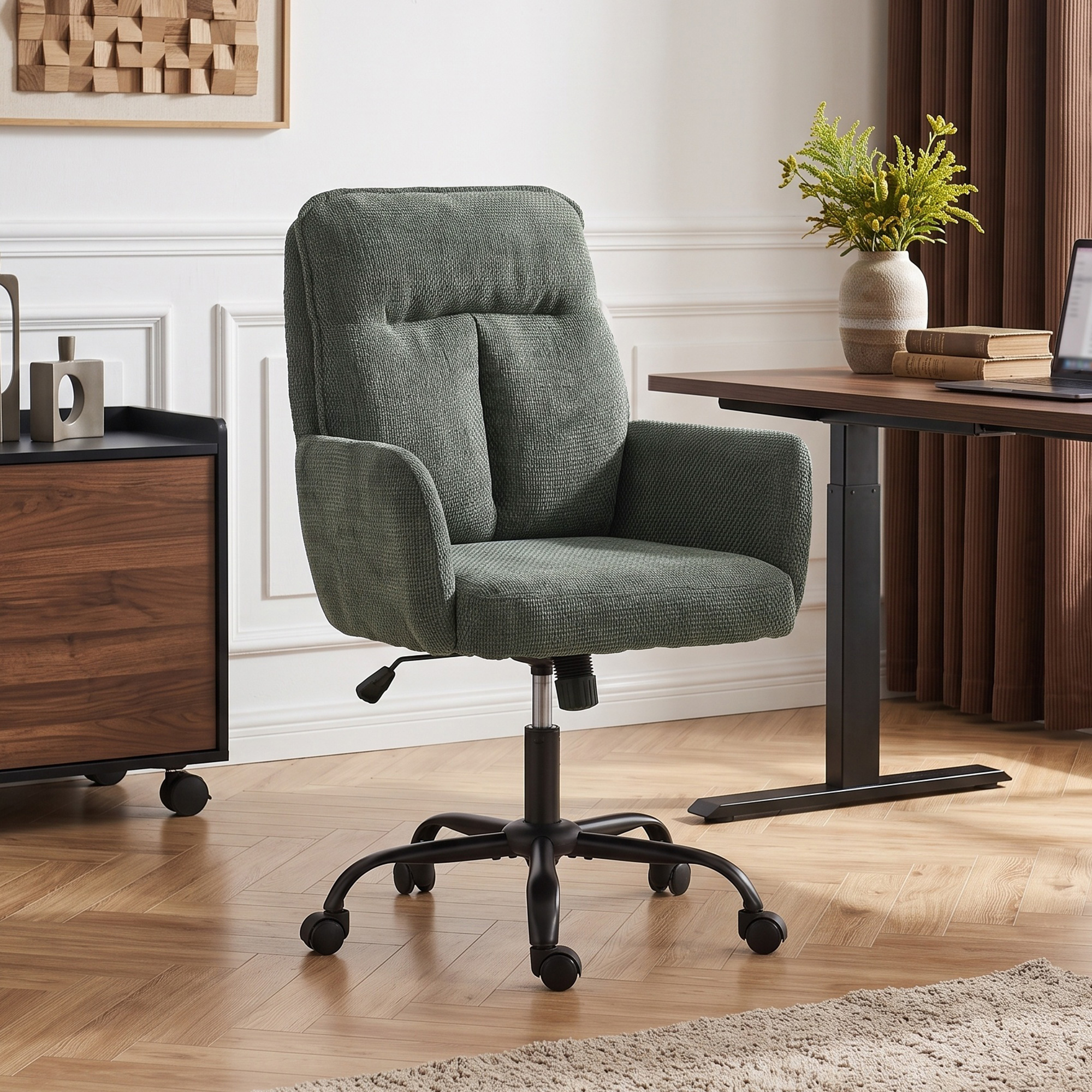 Homeoffice-Schreibtischstuhl, Computerstuhl mit breiter Sitzfläche, mittlerer Rückenlehne, Leinenoptik, Dunkelgrün