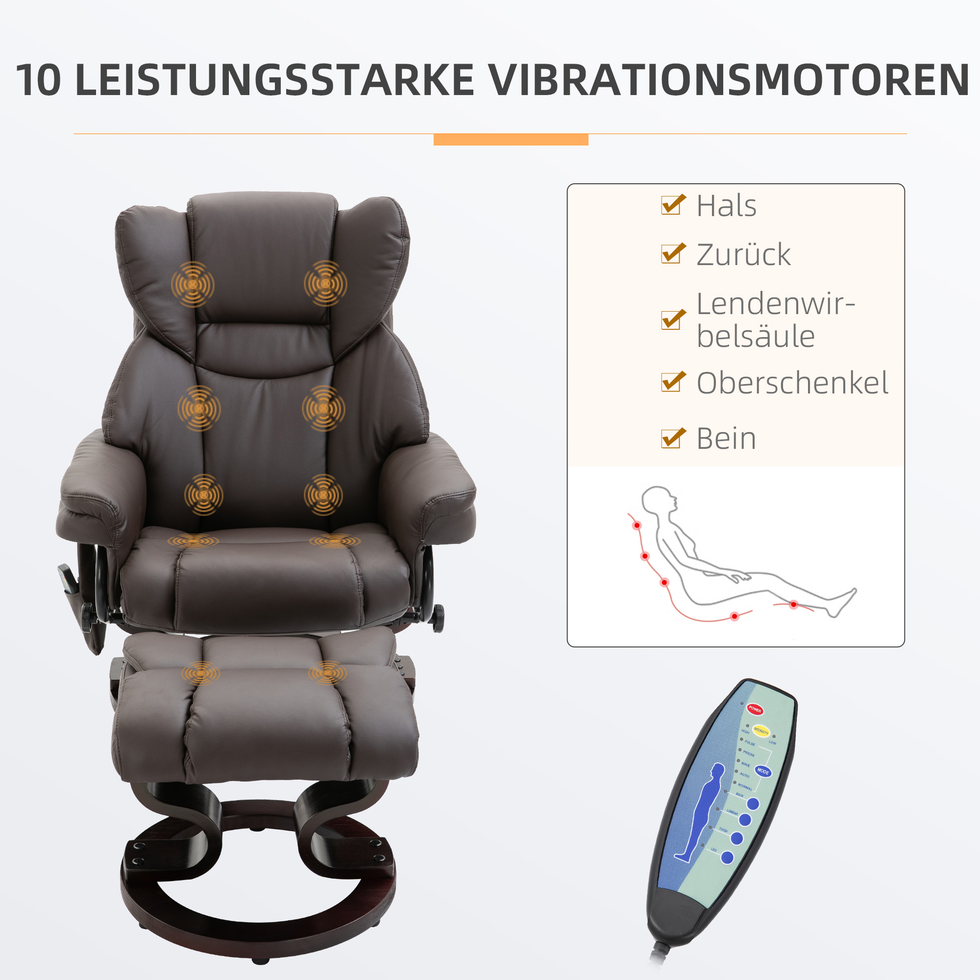 Relaxsessel mit Hocker, 360°drehbarer Fernsehsessel mit Massage, Liegefunktion, Massagesessel mit Seitentasche, Liegesessel, Kunstleder für Wohnzimmer Braun