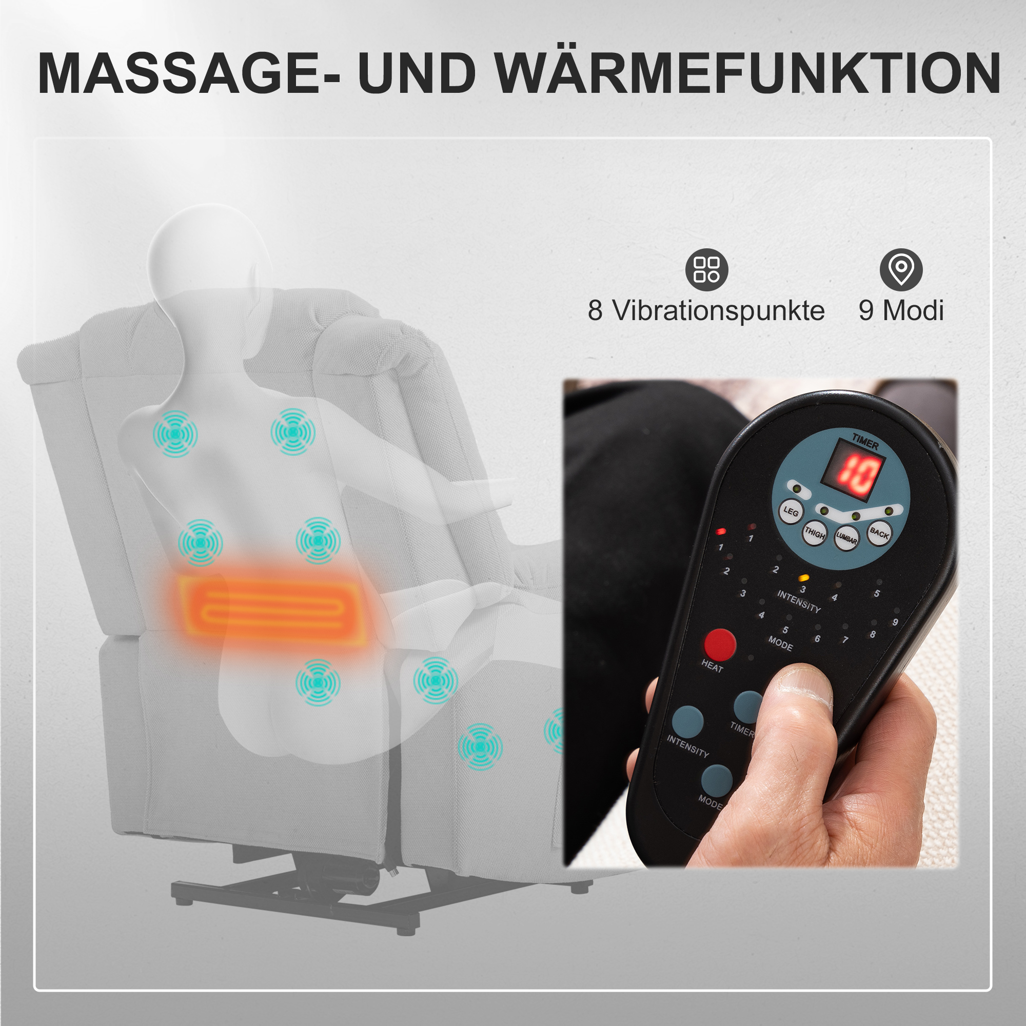 Powerlift-Sessel, Massagesessel mit Wärmefunktion, Polstersessel mit Fußstütze, Seitentasche, Stoffbezug, Dunkelgrau