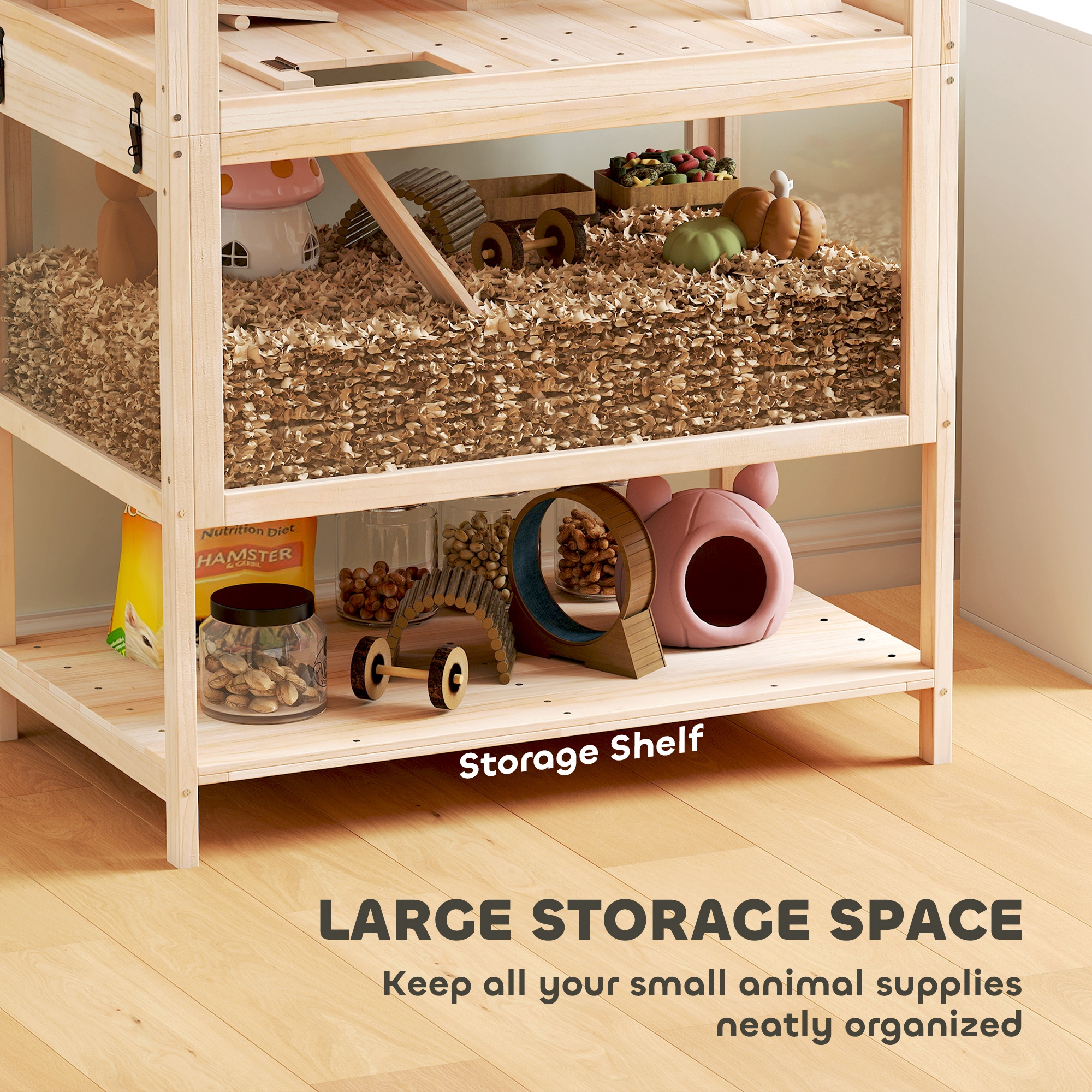 Hamsterkäfig aus Holz 3 Etagen Nagerkäfig mit abnehmbar Boden Ablage Laufrad Wippe Rampe Hütte 80x53x117cm Naturholz