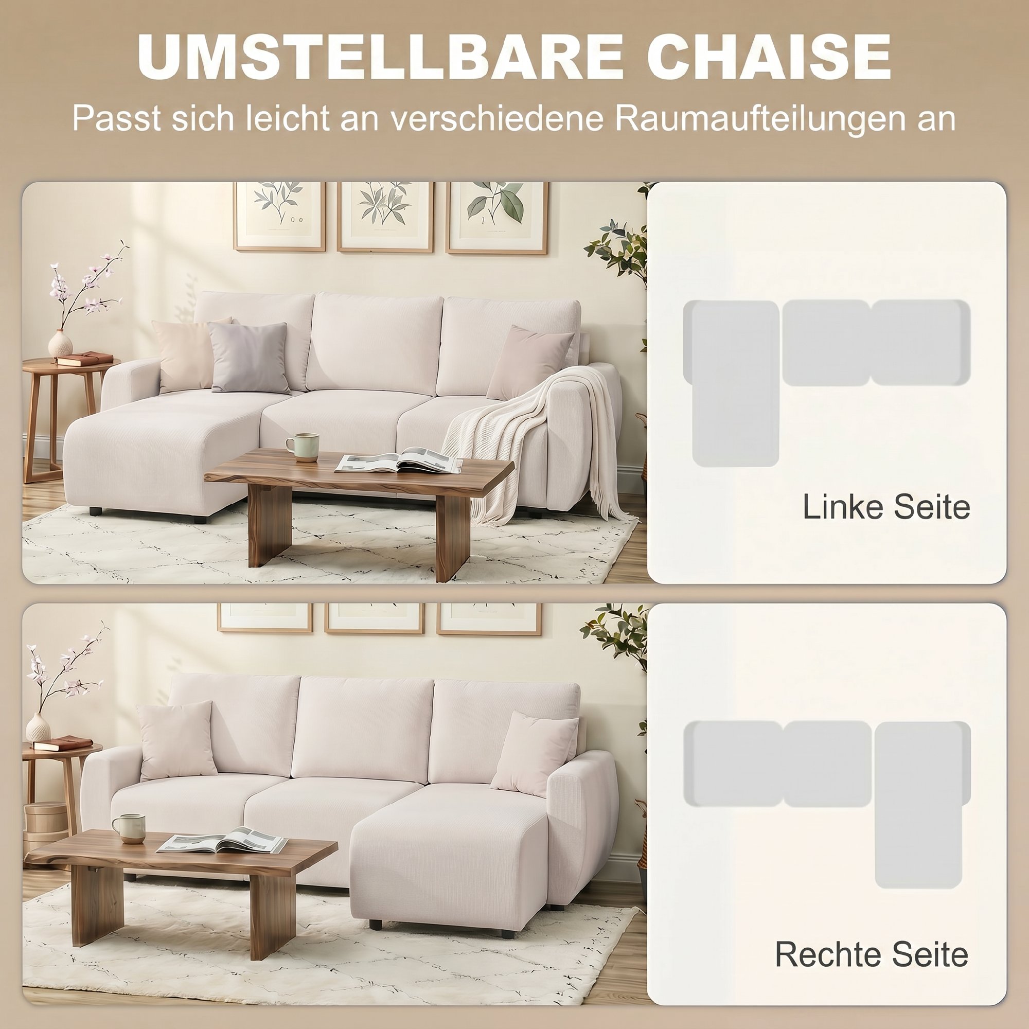 Schlafsofa mit Umkehrbarer Chaiselongue, L-förmiges 3-Sitzer Sofa aus Veloursbezug, Cremeweiß