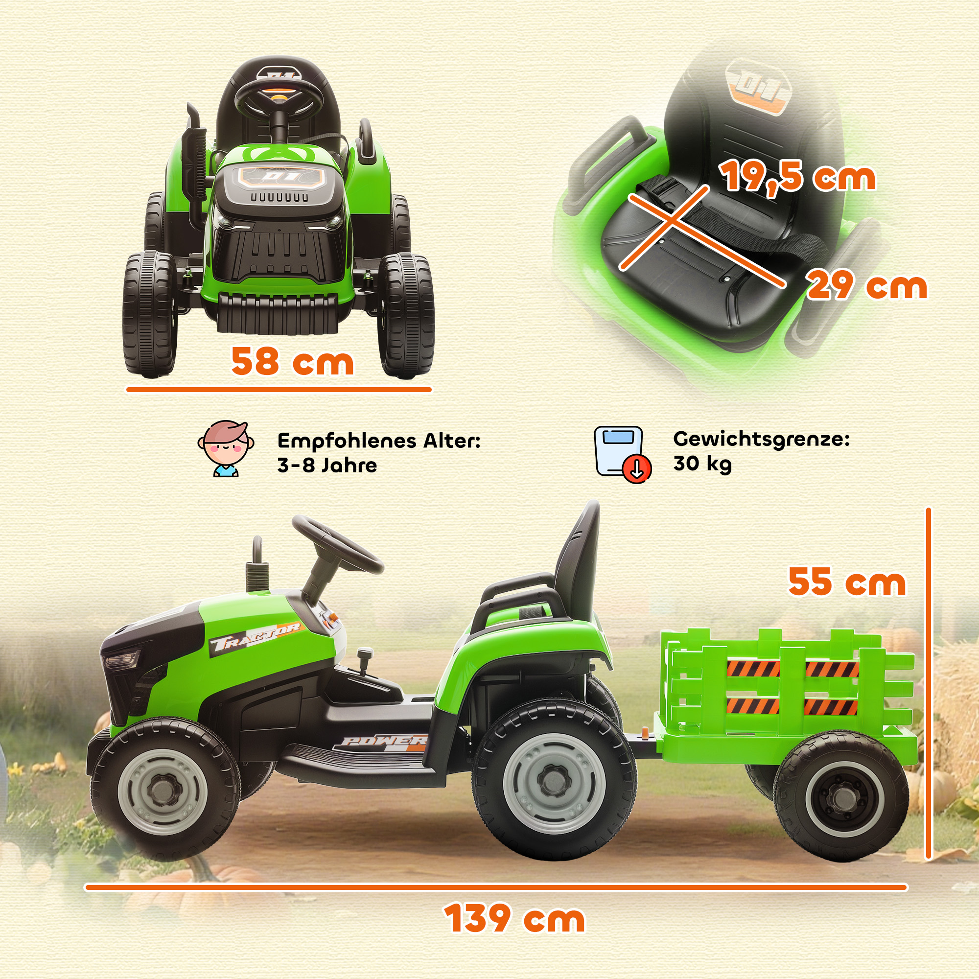 Kindertraktor, mit Fernbedienung, grün