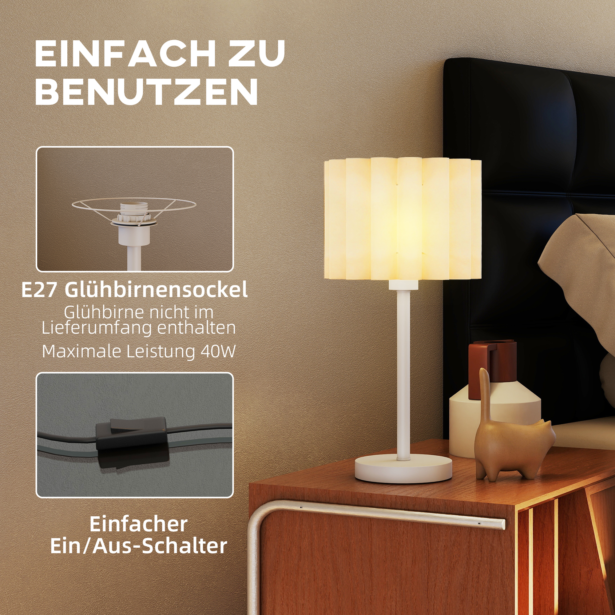 Tischlampe im Retro-Stil, Nachttischlampe, Kunststoff-Schirm, Knopfschalter, Weiß