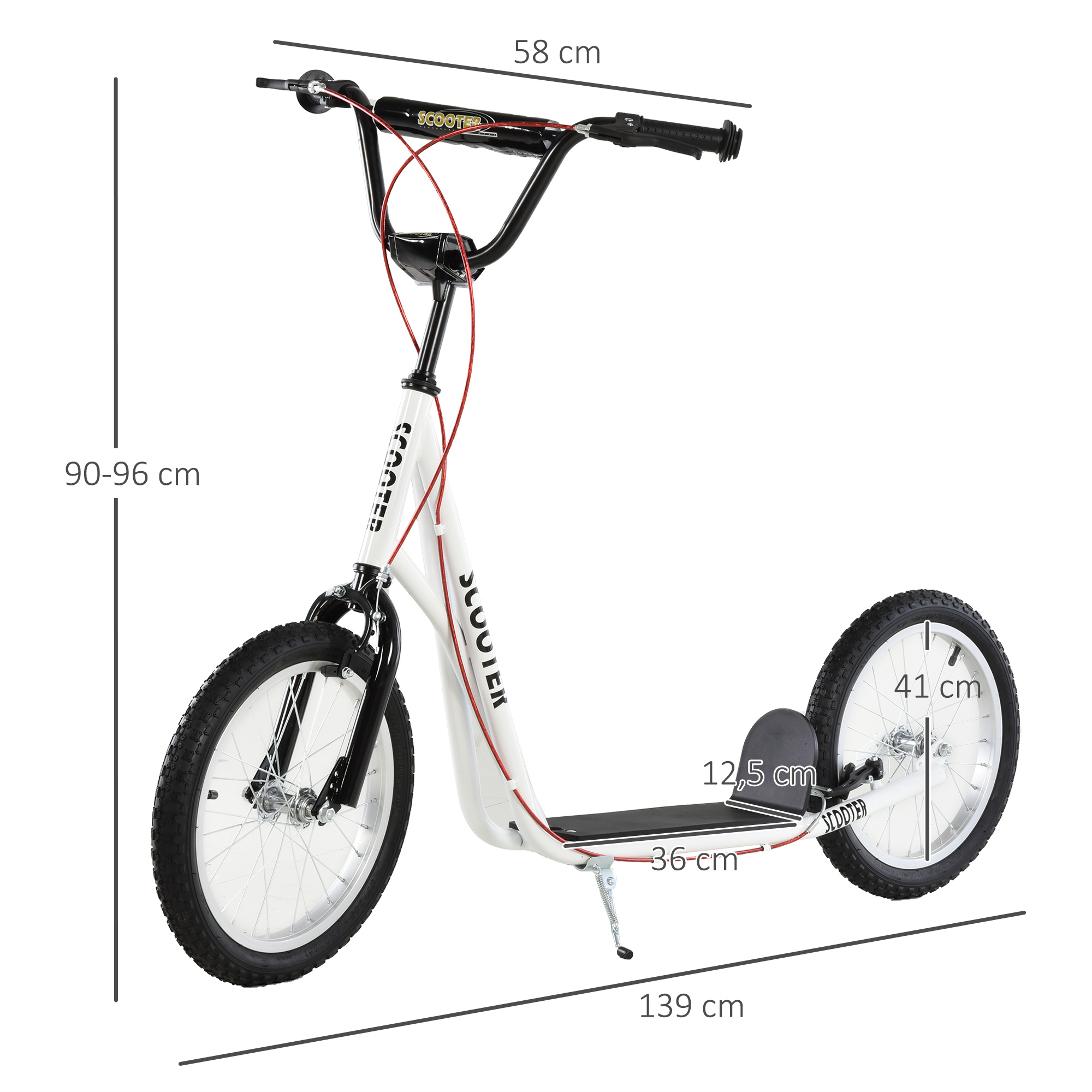 Kinderroller Scooter Tretroller Cityroller Kickscooter Roller Kinder Kickboard mit Luftreifen und Handbremse Scooter Kinder Wasserfest Faltbar ab 5 Jahre 16 Zoll Weiß 139 x 58 x 90-96 cm