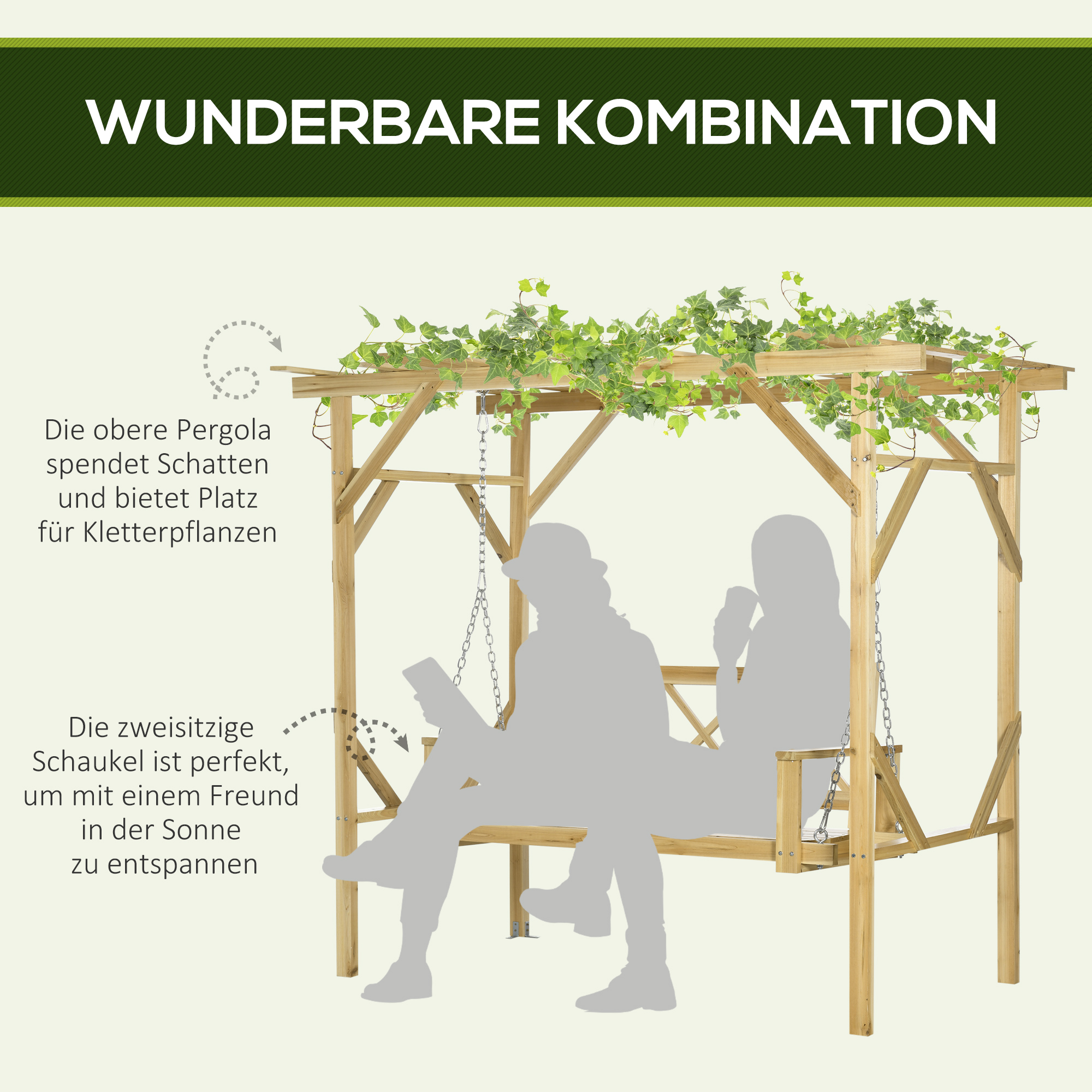 Schaukelbank mit Pergola, für 2 Personen, höhenverstellbar, Massivholzrahmen, 2,21 x 1,40 x 1,96 m