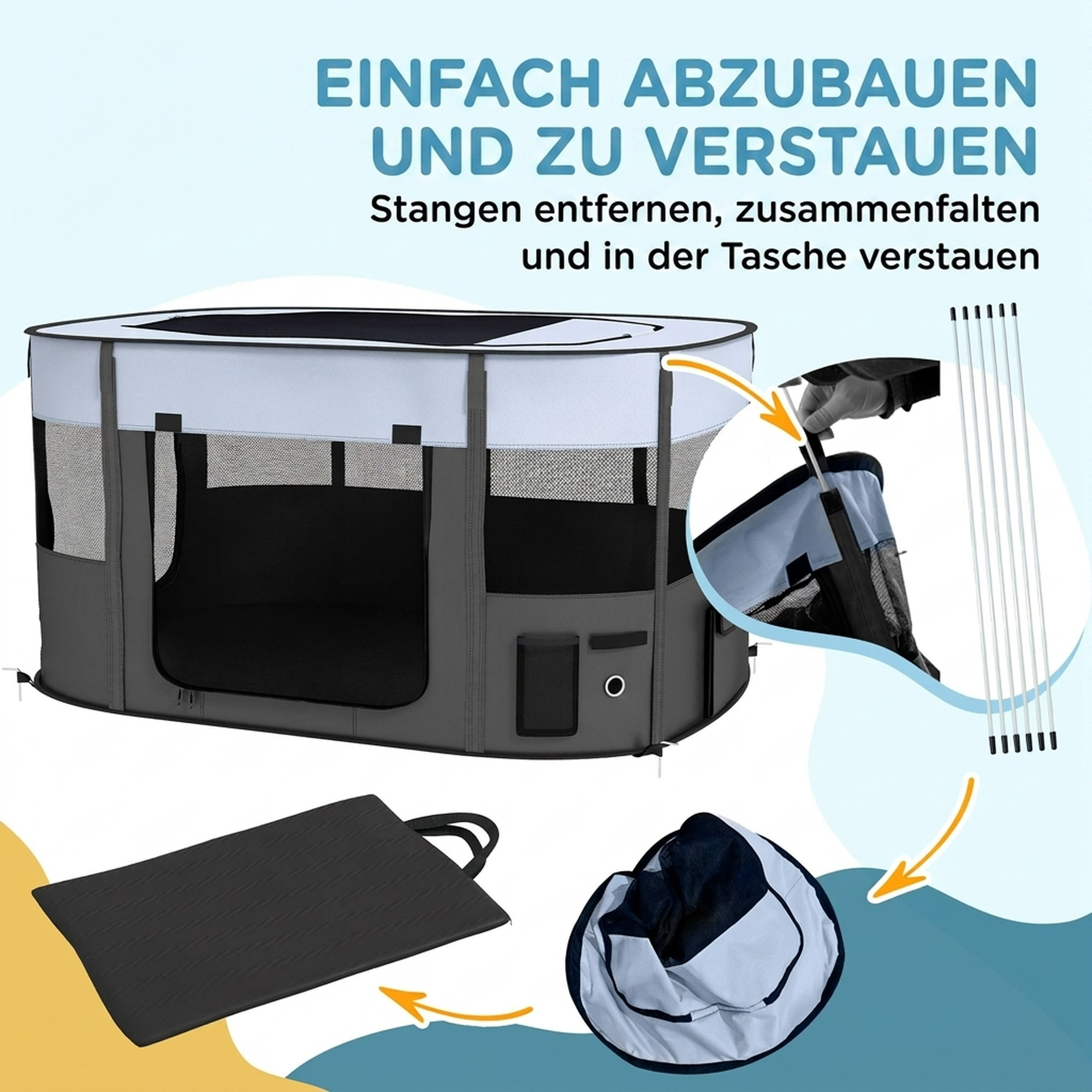 Spielgehege für Haustiere, faltbar, mit Aufbewahrungstasche, für Welpen und Kätzchen, drinnen und draußen, Grau