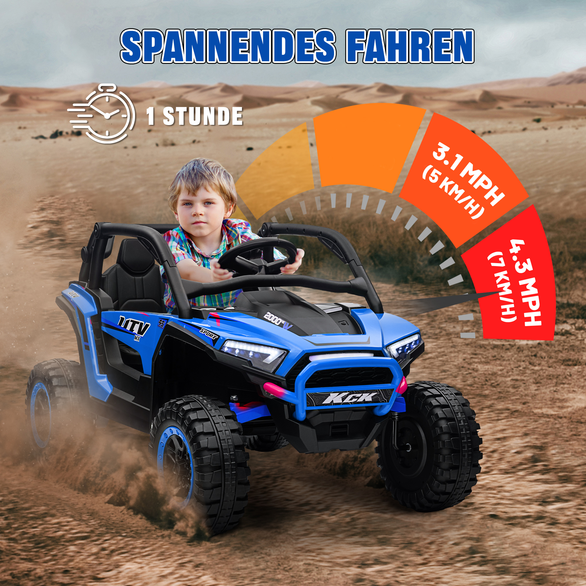 Kinderauto Elektro-UTV, 5-7 km/h, 2-Sitzer, Fernbedienung, Musik, Lichter, 1h Fahrtdauer, Blau
