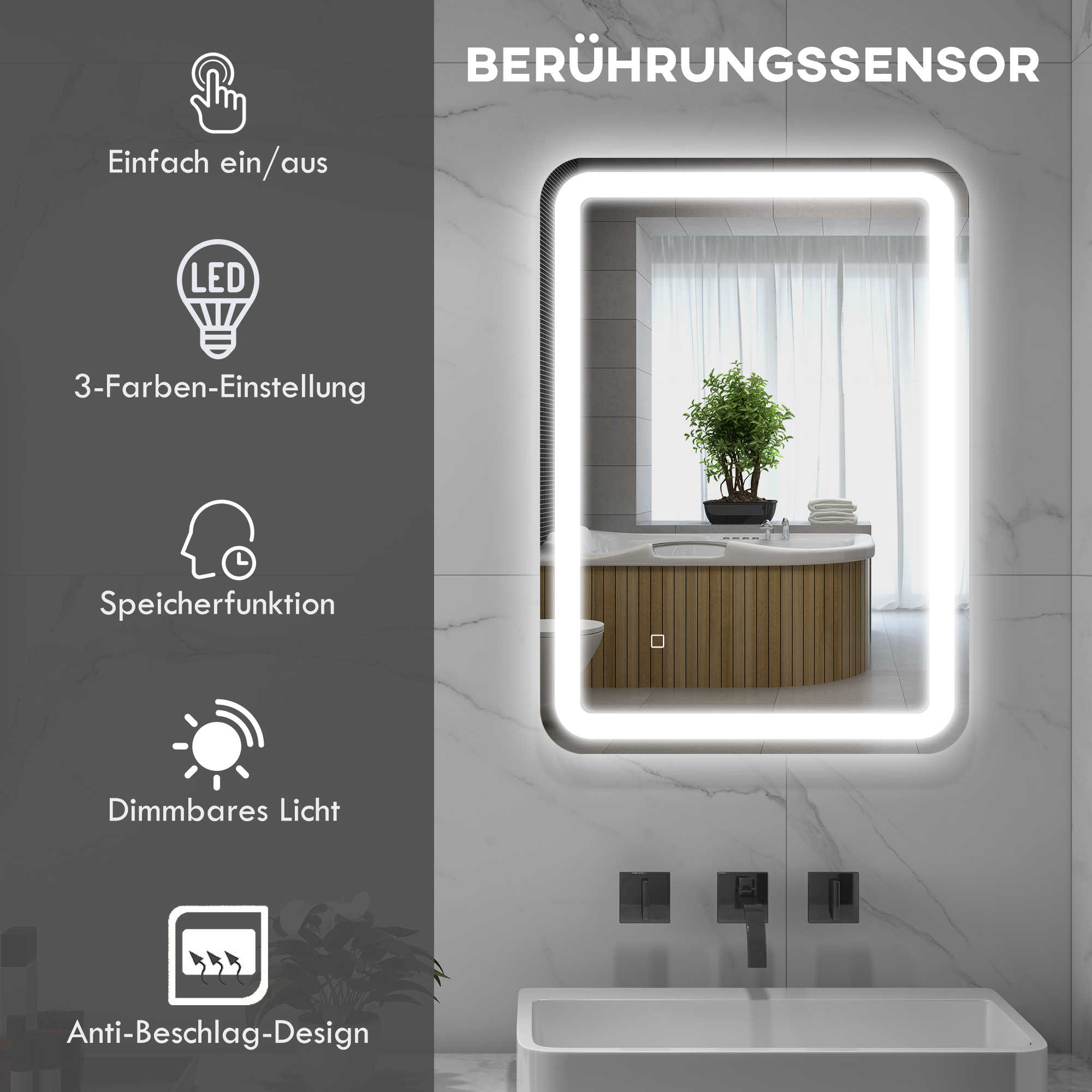 Badezimmerspiegel, beleuchtet, Touch-Steuerung, beschlagfrei, dimmbar, 3 Lichtfarben, 50x70, Silber