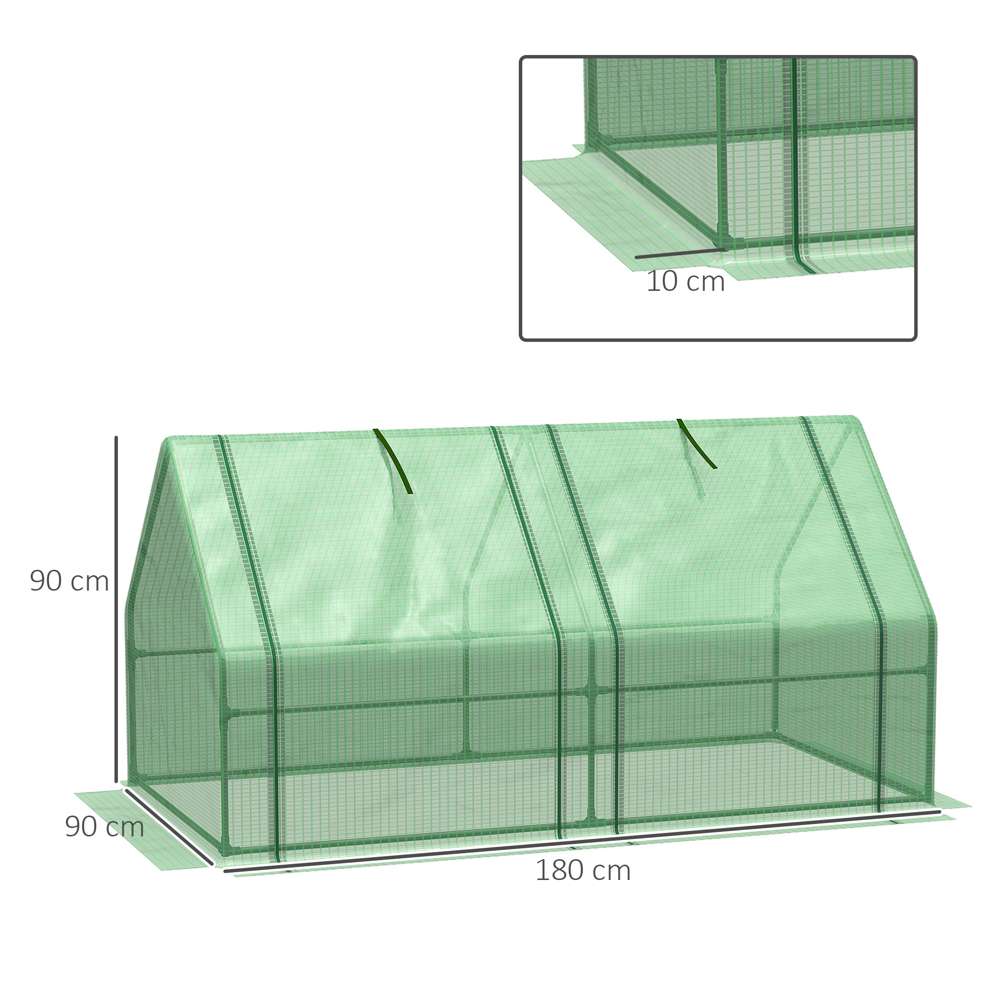 Gewächshaus mit 2 Rollfenster, PE-Gitterfolie, Foliengewächshaus aus Stahl, Treibhaus für Balkon, Garten, Tomatenhaus 180x90x90cm, Tomatengewächshaus für Gemüse, Blumen, Pflanzen, Grün