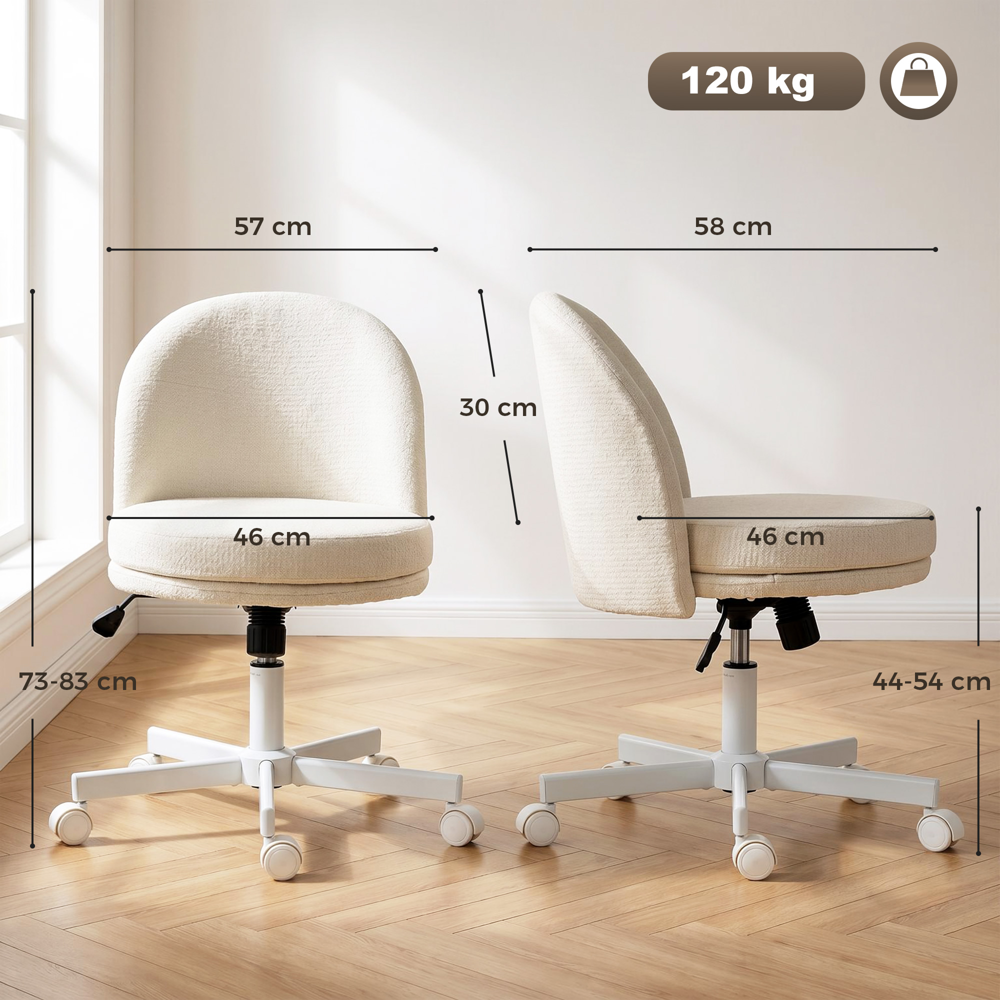 Homeoffice Stuhl Höhenverstellbar Schreibtischstuhl mit Chenille-Optik, Schminkstuhl mit Wippfunktion Creme