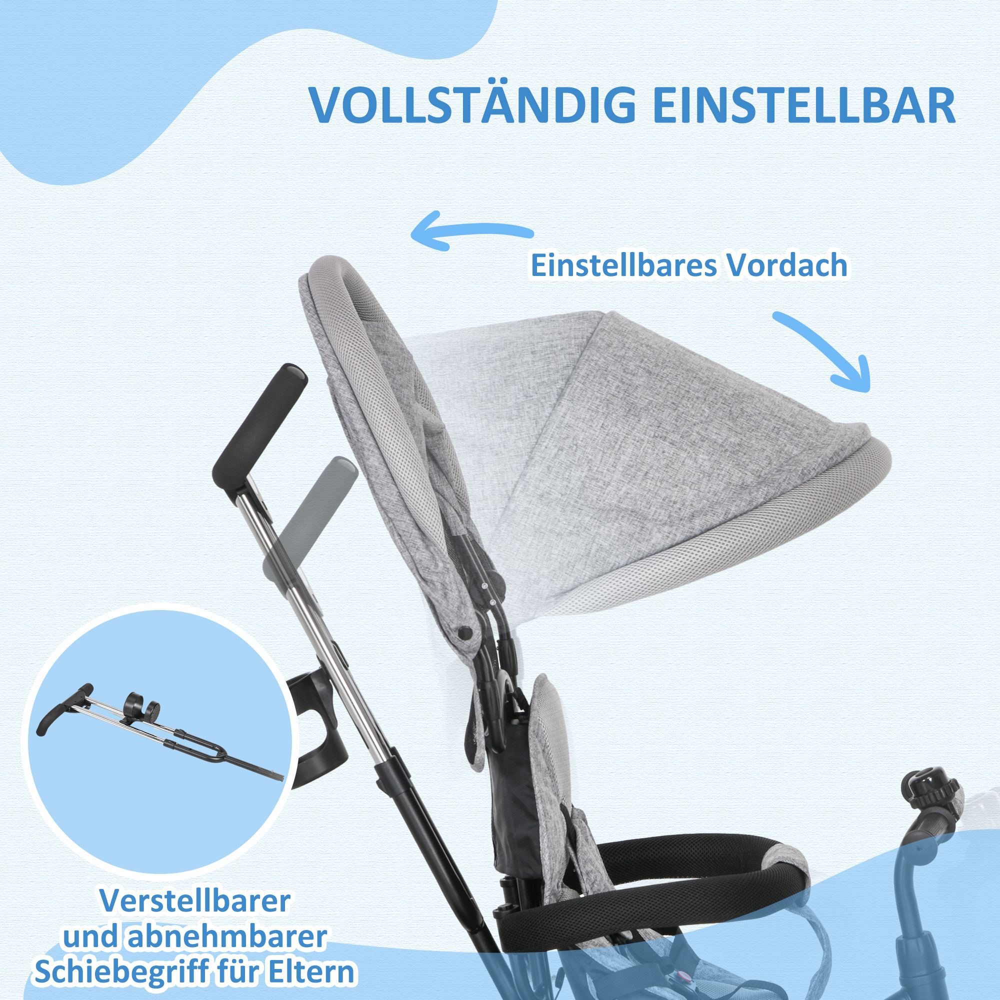 6-in-1 Kinderdreirad mit Schiebestange, Dach, Gurt, Ablagekorb, für 1-5 Jahre, Grau