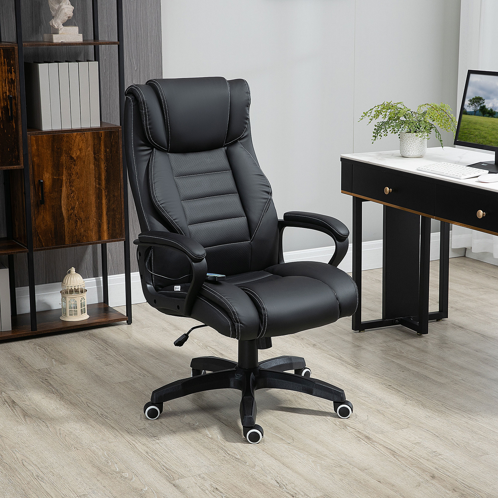 Bürostuhl mit Massage höhenverstellbarer Chefsessel ergonomischer Drehstuhl Gamingstuhl Computerstuhl Massage Sessel 6 Vibrationspunkte Leinen-Gefühl einstellbar Schwarz 66 x 78 x 112-120 cm