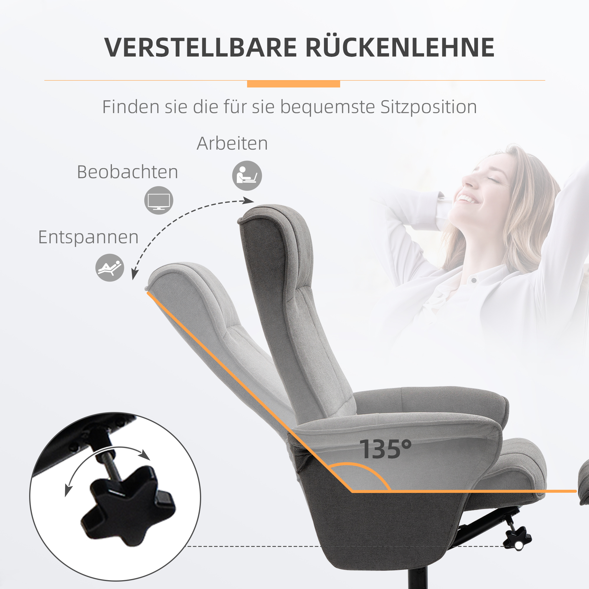 Relaxsessel mit Fußhocker, verstellbare Rückenlehne, 69 cm x 71 cm x 104 cm, Dunkelgrau + Schwarz