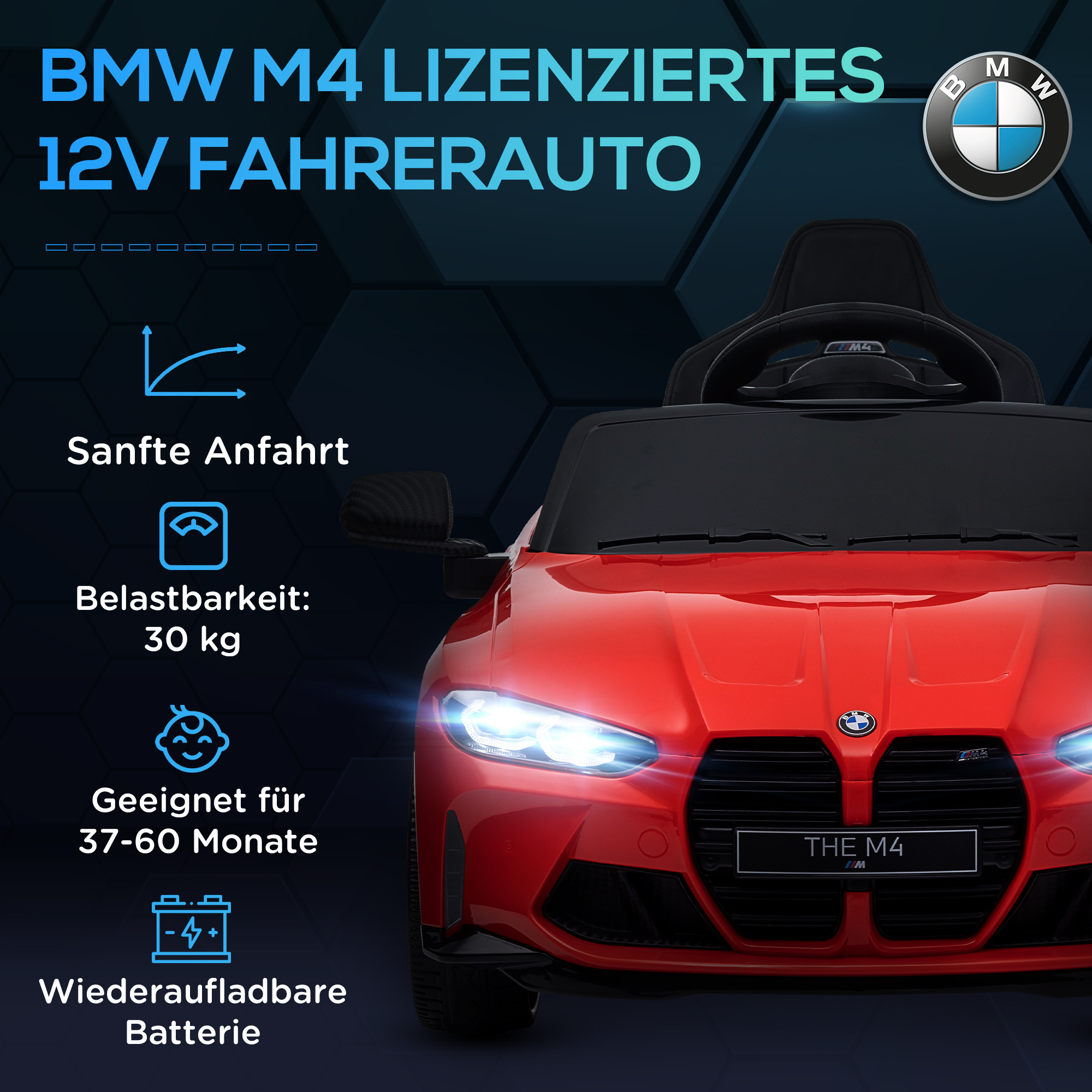 Elektro Kinderauto BMW M4, Sound & Licht, 3-5 km/h, inkl. Fernsteuerung, für 3-5 Jahre, Rot