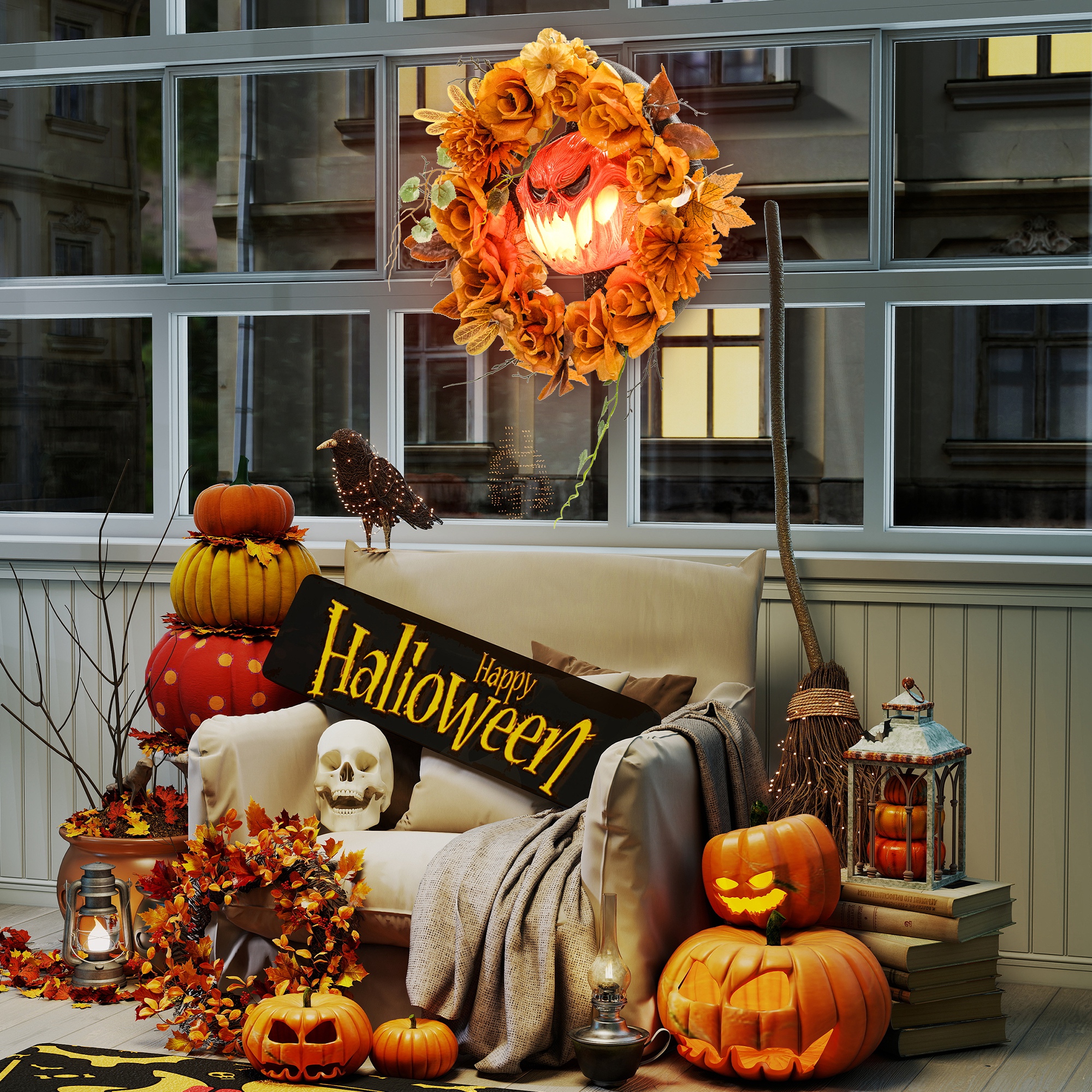 Halloween-Kranz, Grusel-Kürbis-Design, Herbstblätter, Lichteffekte, Kunststoff