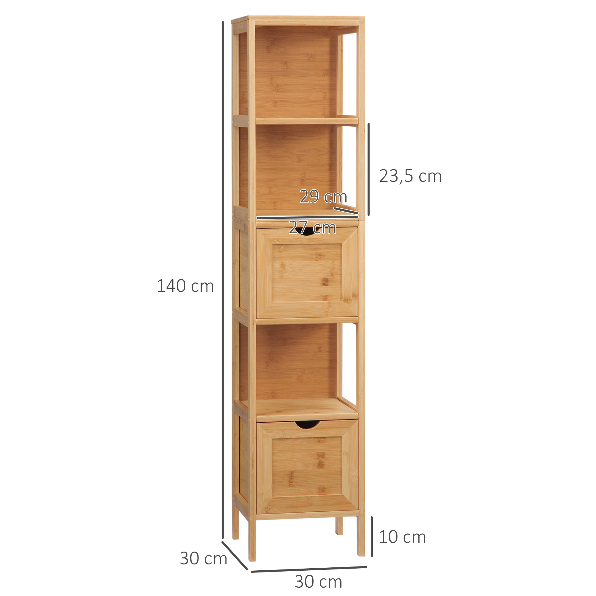 Badezimmerschrank, 3 Regale, 2 Schubladen, Bambus, 30 cm x 30 cm x 140 cm, Natur