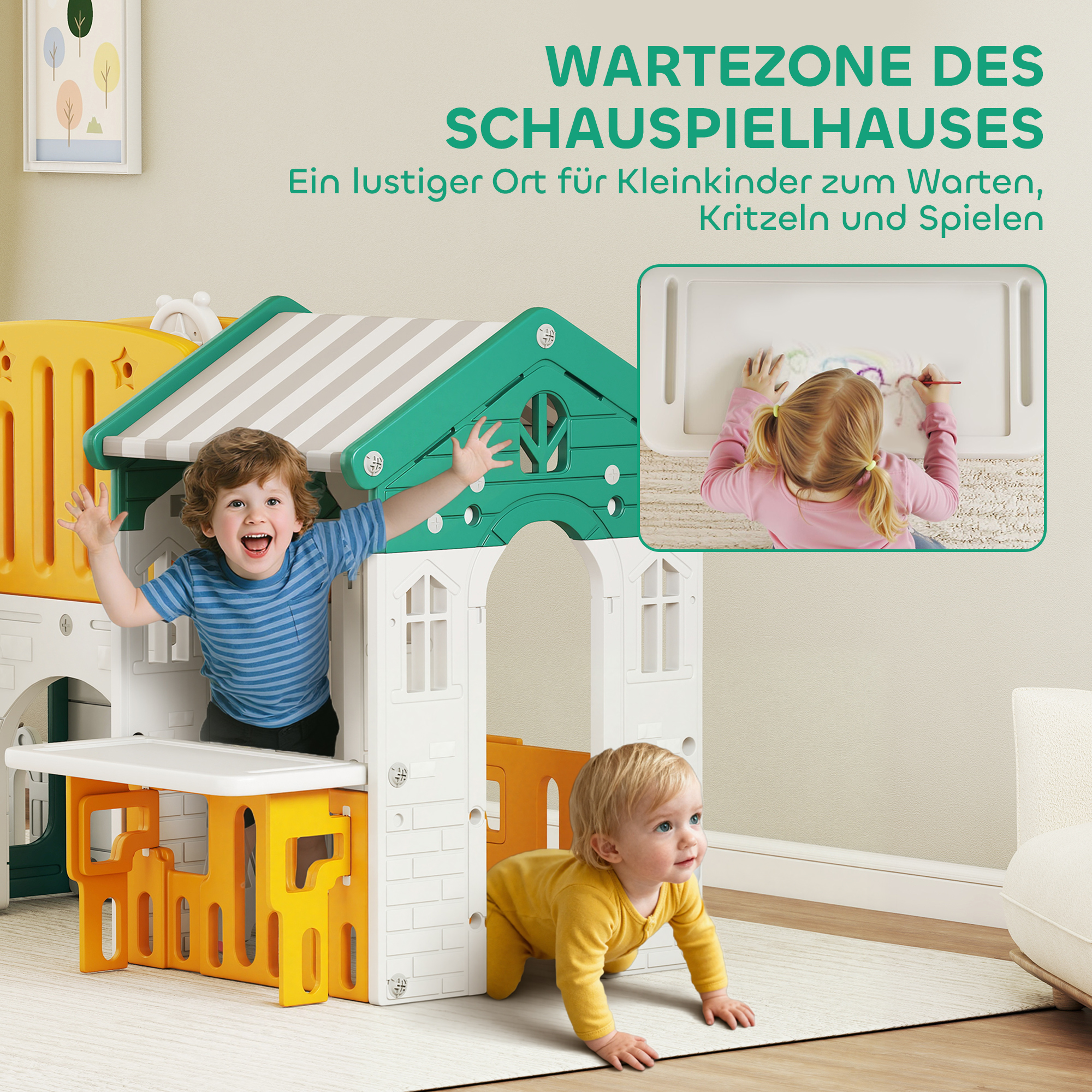 7-in-1 Kinderrutsche, Indoor-Spielplatz, Klettergerüst, Haus, Tafel, Basketballkorb, 1-4 Jahre, Kunststoff, Gelb+Grün