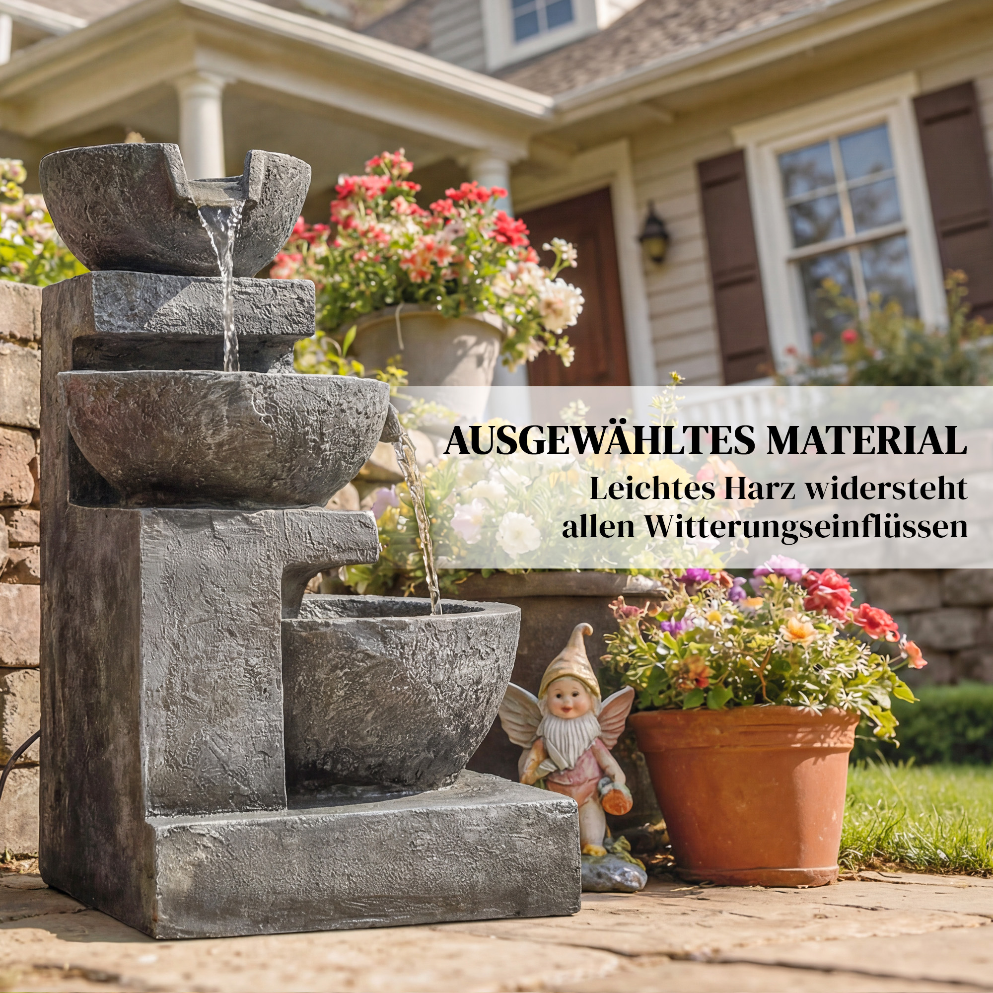Springbrunnen 3-stufig Gartenbrunnen mit LED Beleuchtung Pumpe Steinoptik, Verstellbar 40 x 37 x 61 cm