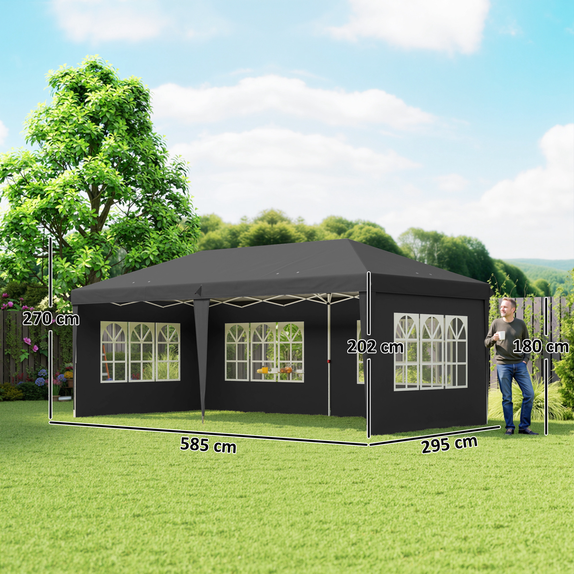 Pavillon ca. 3x6m Wasserdicht Pop-up Faltpavillon mit 4 Seitenwänden, Fenster UV-Schutz Tragetasche Schwarz