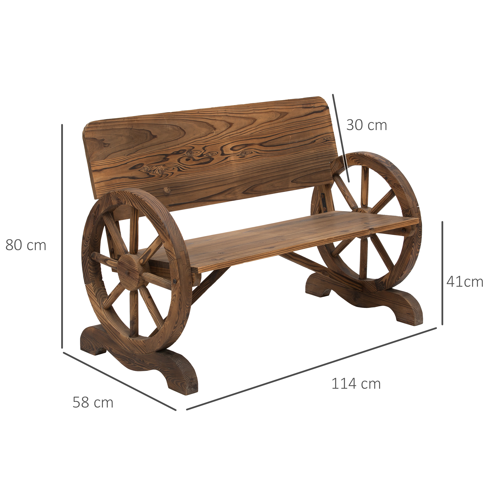 2-Sitzer Gartenbank Massivholz mit Armlehne, Sitzbank mit Wagenräder-Design, Gartenmöbel 250kg belastbar, Rustikale Bank, 114 x 58 x 80 cm, Braun