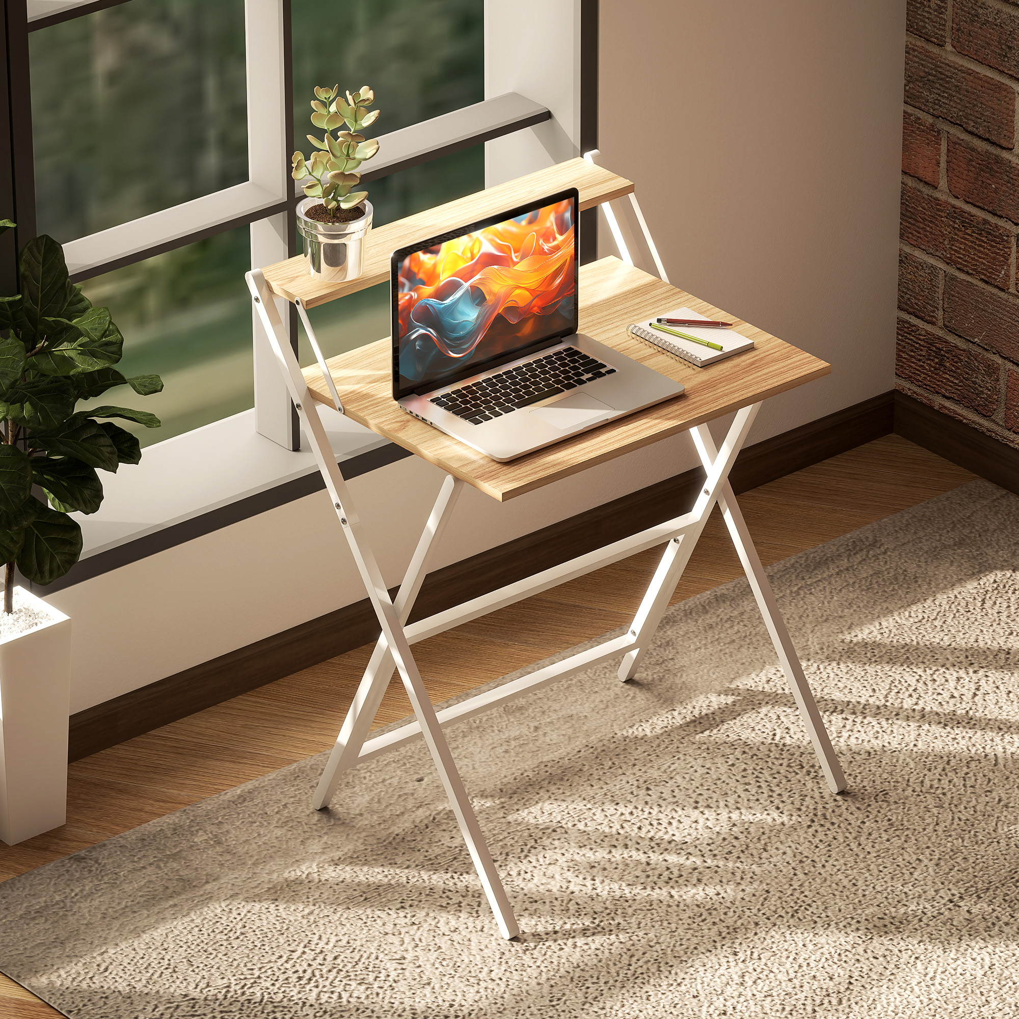 Schreibtisch mit Monitorständer, 70 cm Klappbarer Computertisch für Homeoffice, Kleine Räume, Natur