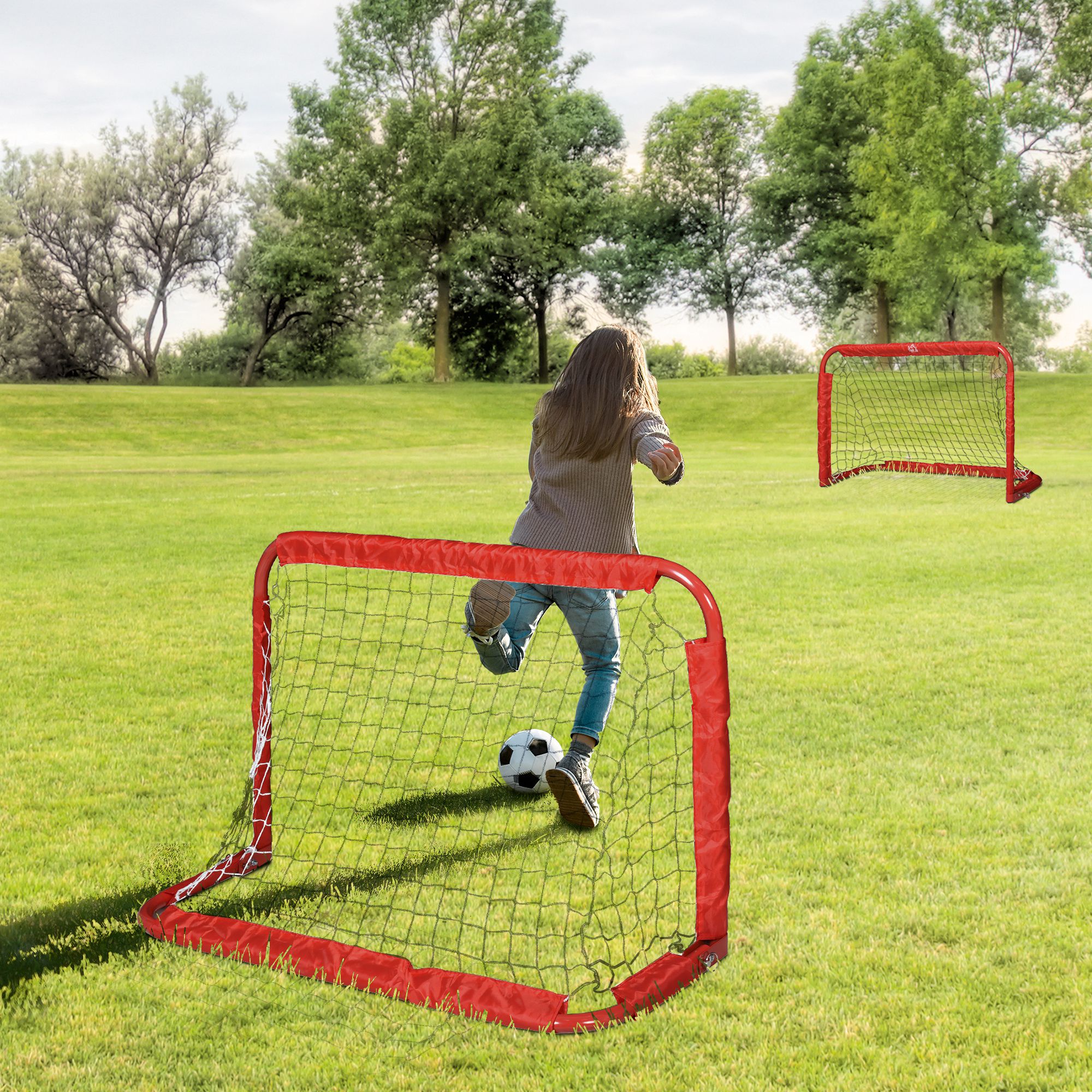 Fußballtor-Set, 2 klappbare Minitore, Metallrahmen, inkl. Werkzeug, 90 x 36 x 60 cm, Rot