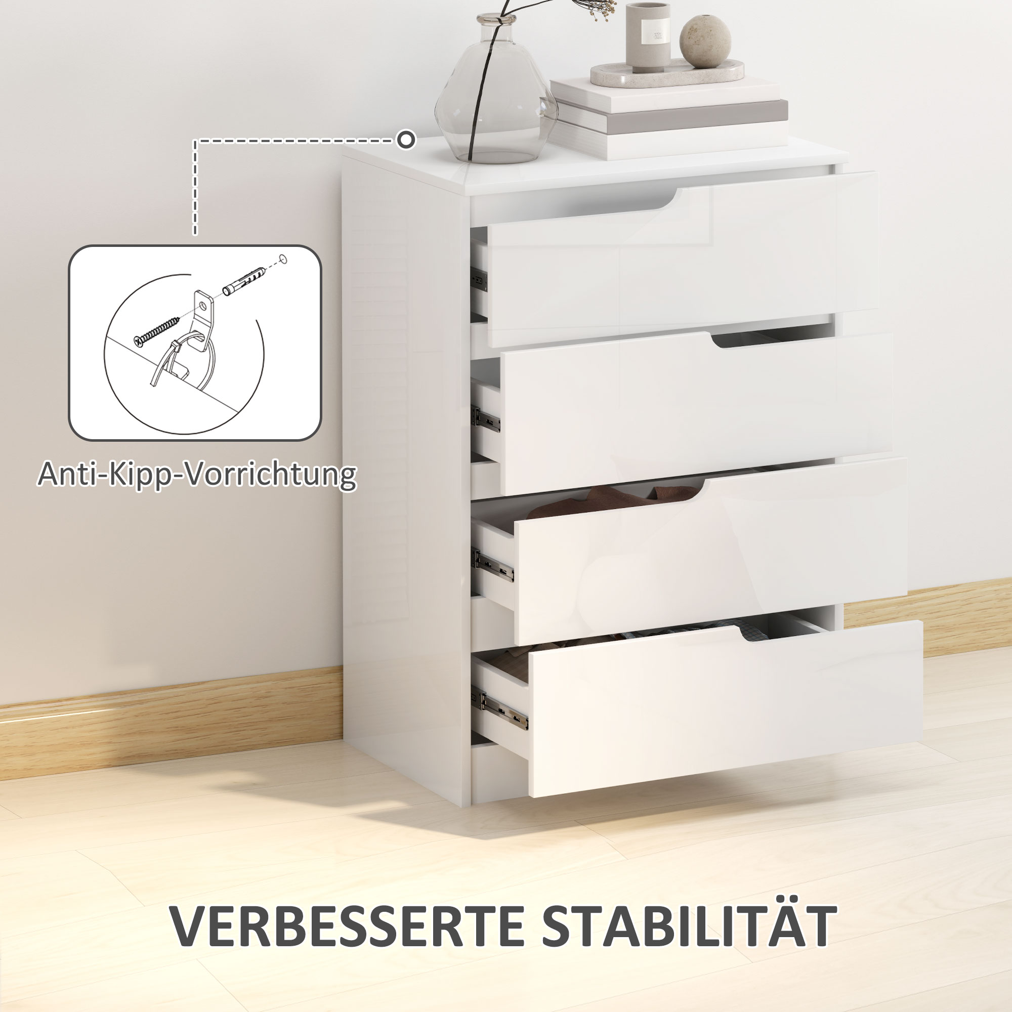 Moderne Kommode, Kleiderschrank, 4 Schubladen, Holz, Kippschutz, Fußpolster, Weiß