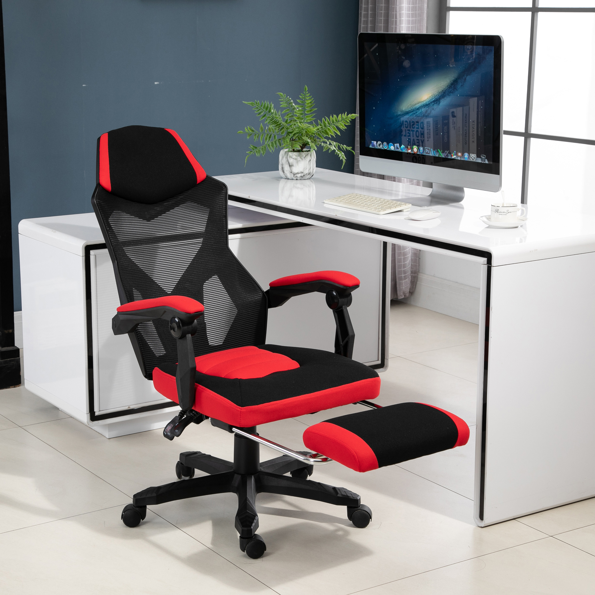 ergonomischer Bürostuhl, Gaming Stuhl, Drehstuhl mit Fußstütze, PC Stuhl, Chefsessel,  höhenverstellbar, Polyester, Schwarz+Rot,58 x 63 x 112-122 cm