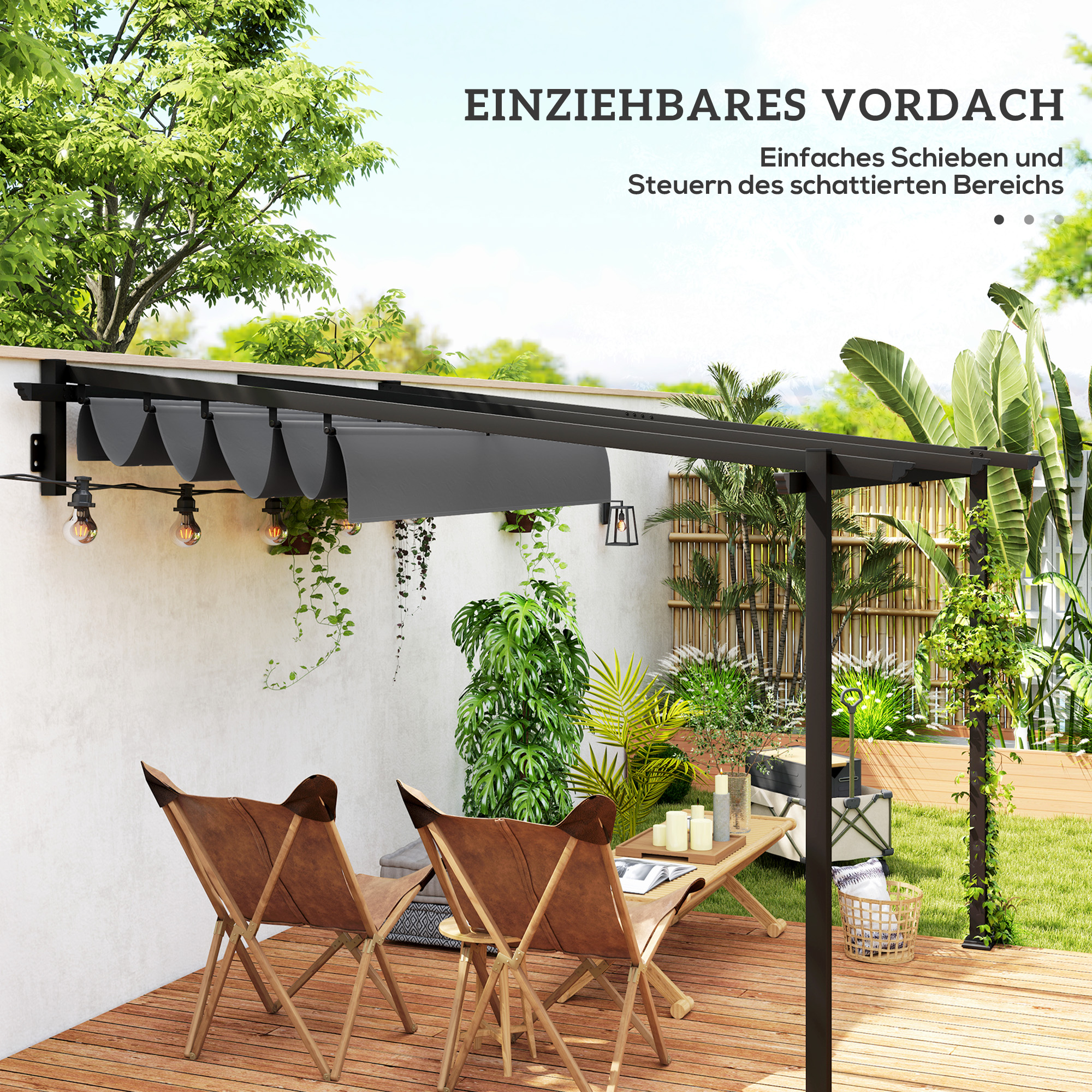 Pavillon, 3 x 3 m Pergola, Winddichtes Terrassendach, Wandmontage, Verstellbares Dach, für Garten, Terrasse, Dunkelgrau